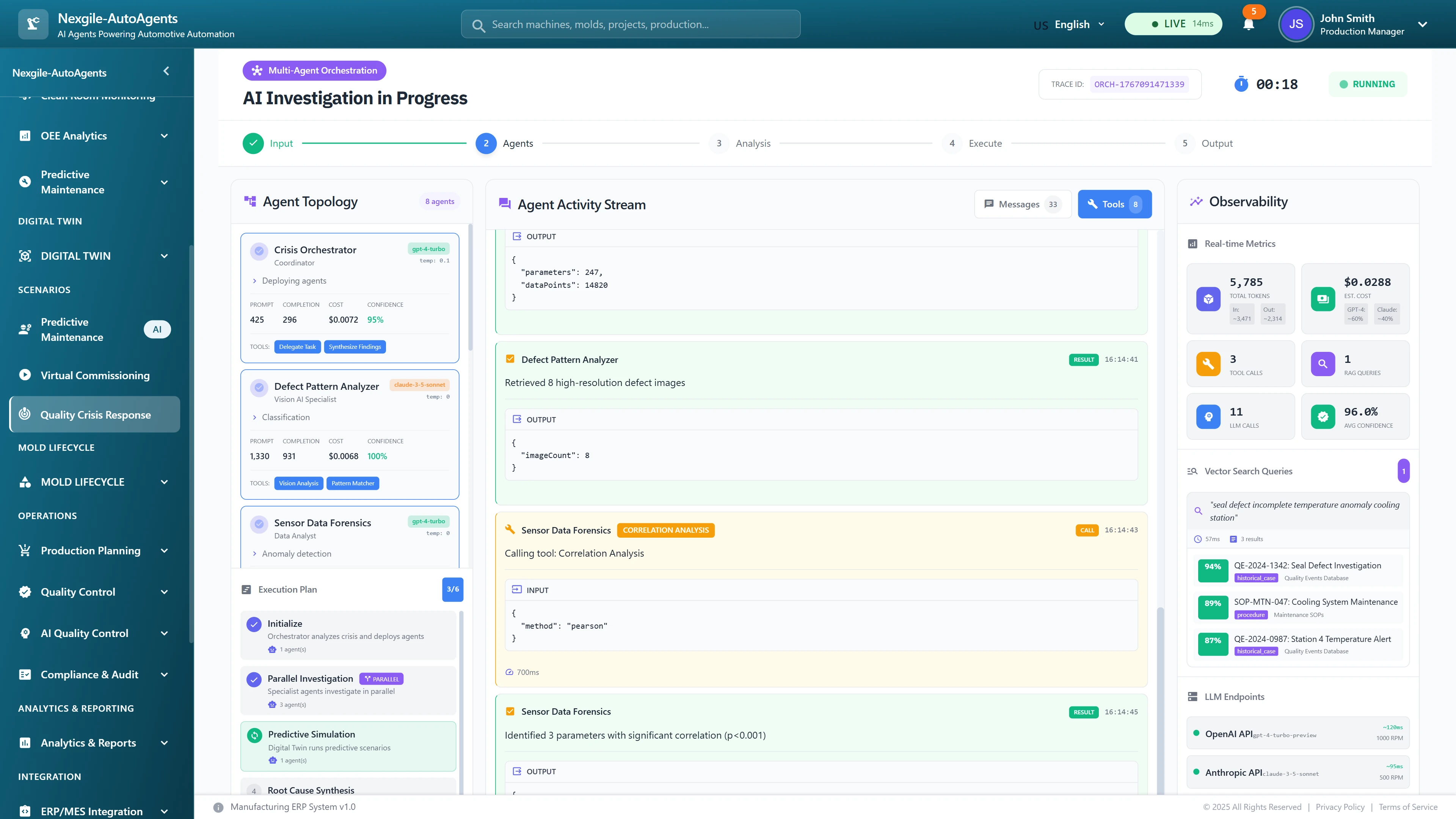 Multi-agent investigation in progress showing 8-agent topology with real-time execution status, agent activity streams displaying defect pattern analysis and sensor correlation, and observability metrics tracking API costs and performance