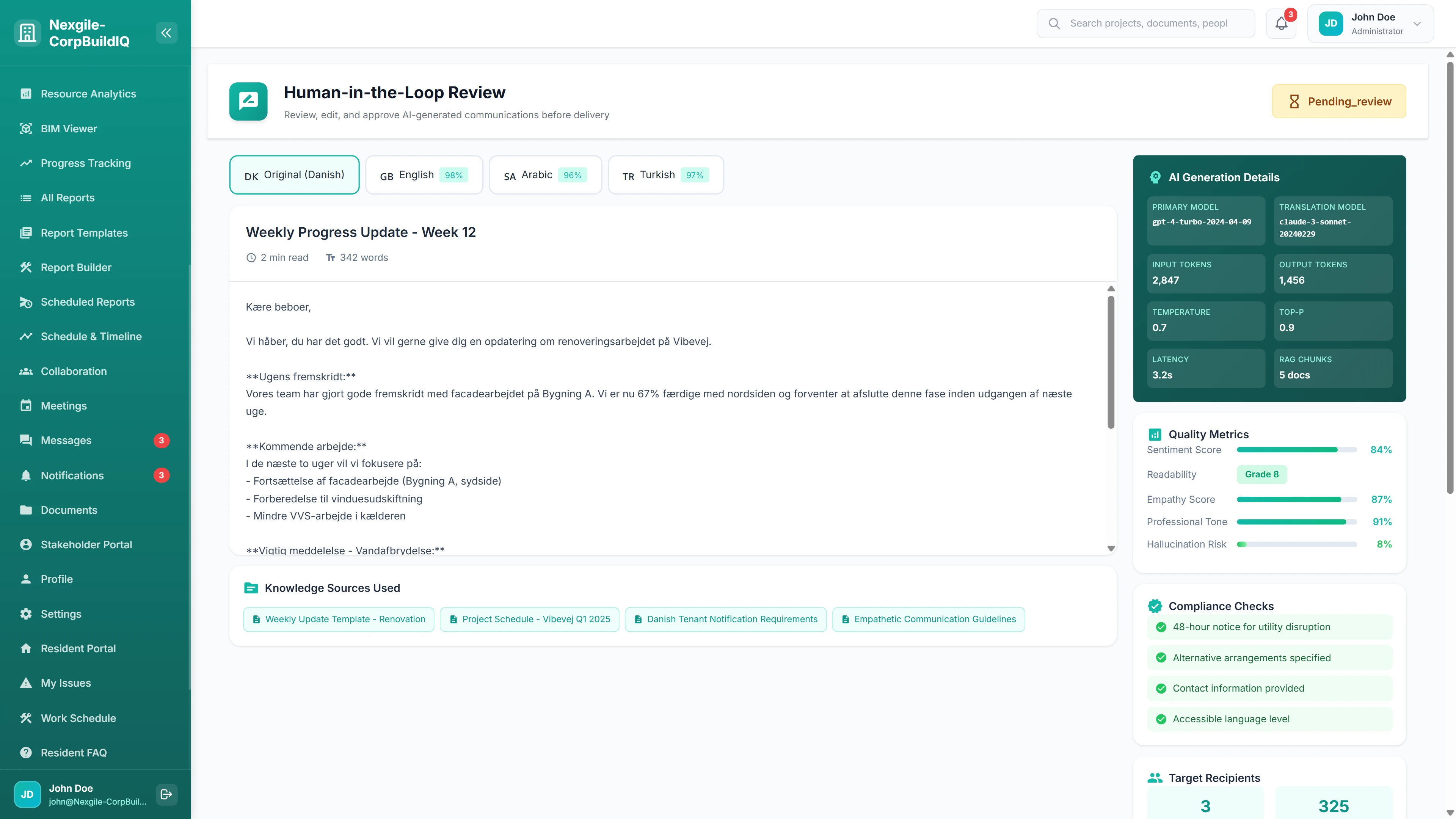 Human-in-the-Loop Review - Multilingual content preview with quality metrics, compliance checks, and AI generation details