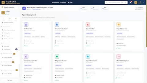Agent Deployment showing 8 specialized AI agents for technical, financial, regulatory, environmental, schedule, and operational risk assessment