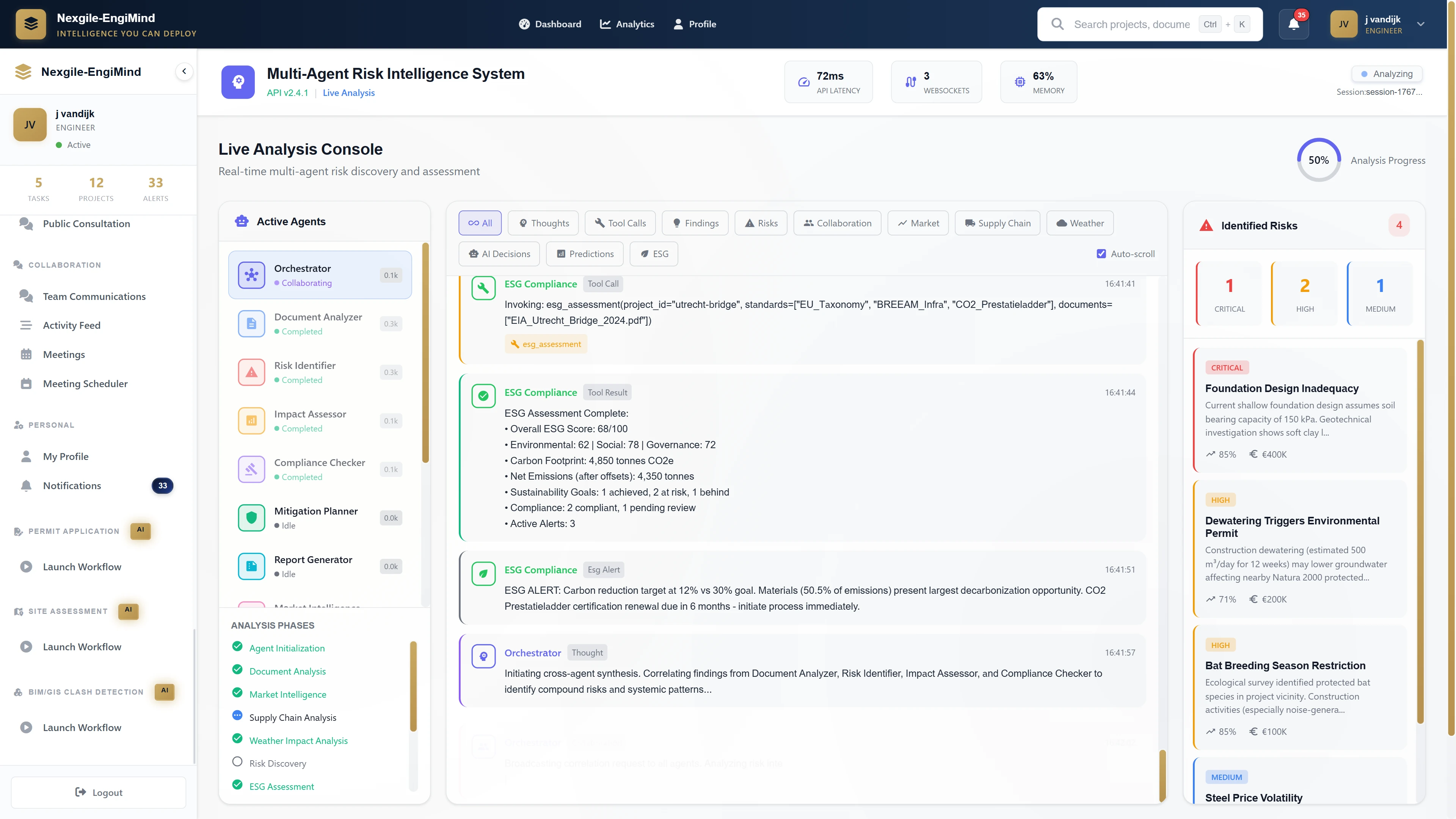 Live Analysis Console with real-time multi-agent collaboration, ESG compliance assessment, and risk identification across severity levels