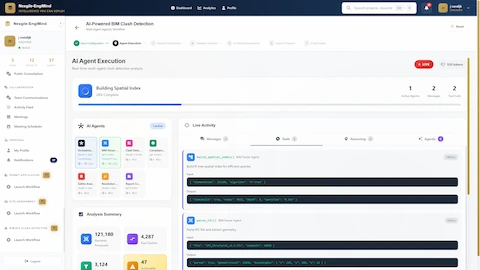 AI Agent Execution showing real-time multi-agent clash detection with spatial indexing, IFC parsing, and analysis progress metrics