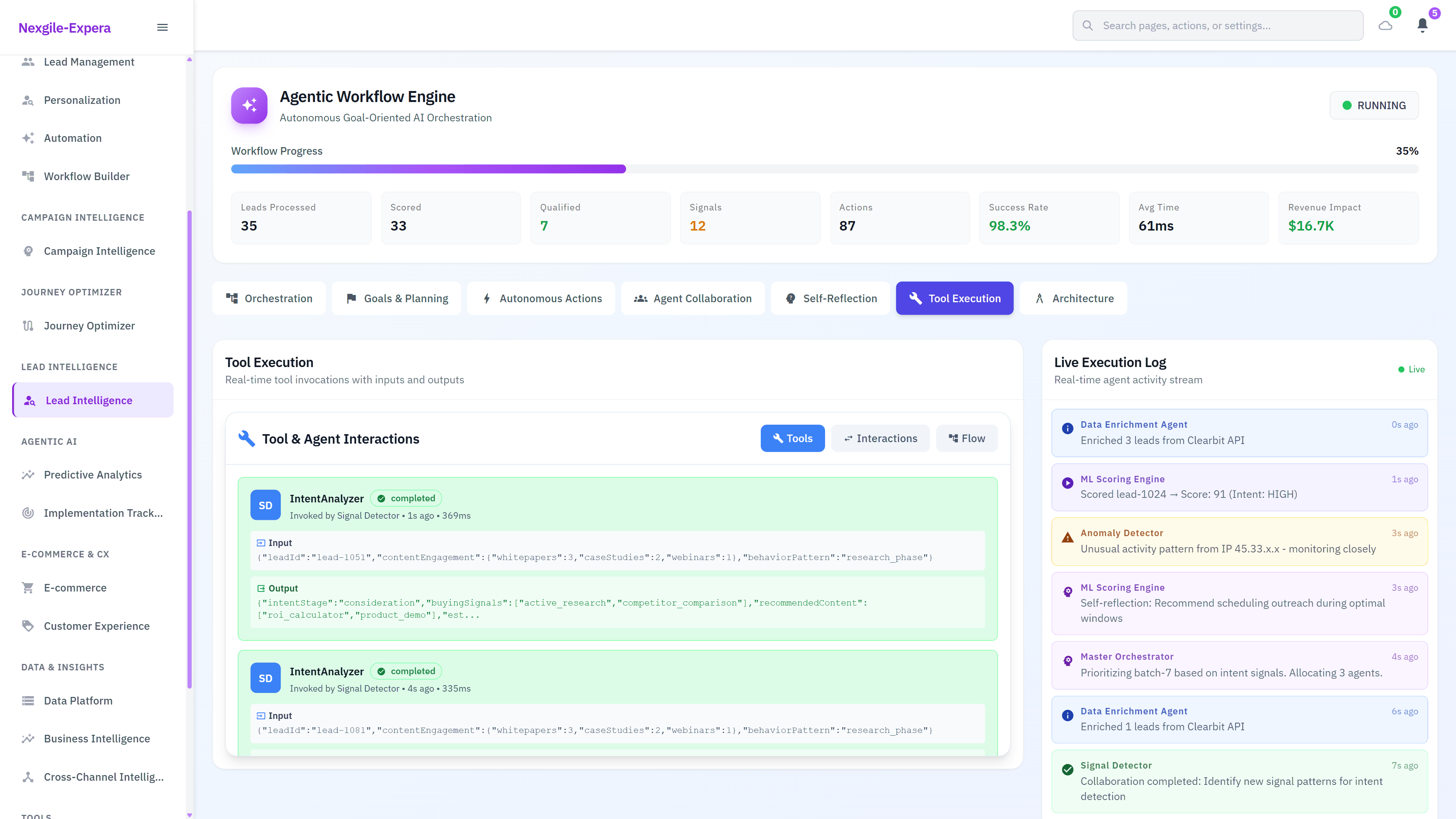 Tool & Agent Interactions - Real-time IntentAnalyzer tool execution showing input parameters, output insights, and collaboration between Signal Detector and ML Scoring Engine