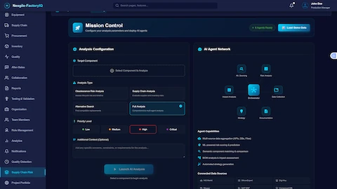 Supply Chain Risk Mission Control - Configuration interface for initiating supply chain analysis with target component selection, analysis type options (Obsolescence Risk Analysis, Supply Chain Analysis, Alternative Search, or comprehensive Full Analysis), priority level classification, and optional context input. The AI Agent Network panel displays 6 specialized agents (Alt Sourcing, Risk Analysis, Orchestrator, Impact Analysis, Strategy, Documentation) with their capabilities including multi-source data aggregation, ML-powered risk scoring, semantic component matching, BOM analysis, and automated strategy generation. Connected data sources include IHS Markit, SiliconExpert, Digi-Key, Mouser, SAP ERP, and Component DB.