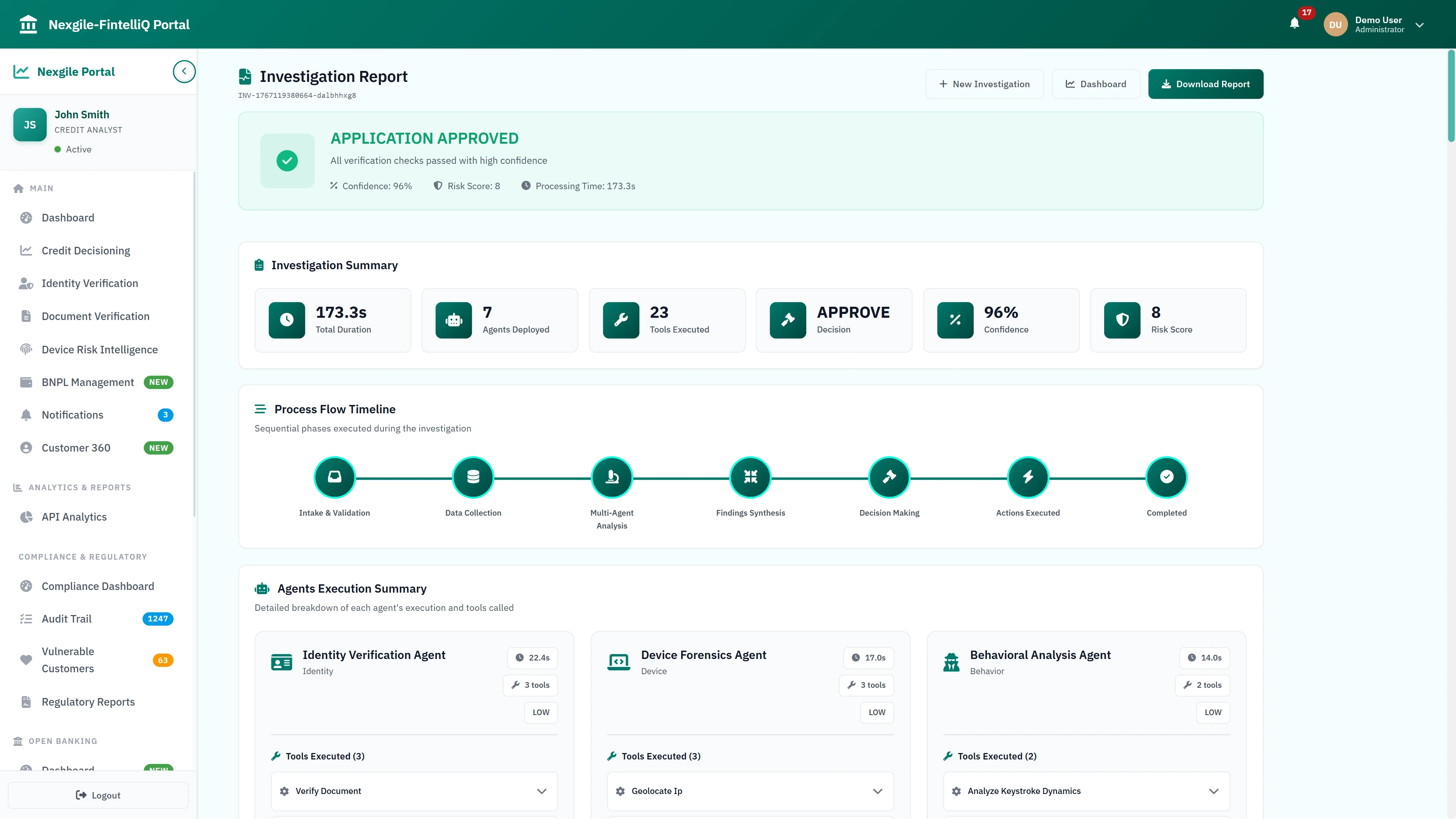 Investigation Report - APPLICATION APPROVED decision with 96% confidence, showing 173.3s processing time, 7 agents deployed, process flow timeline, and detailed agent execution summary