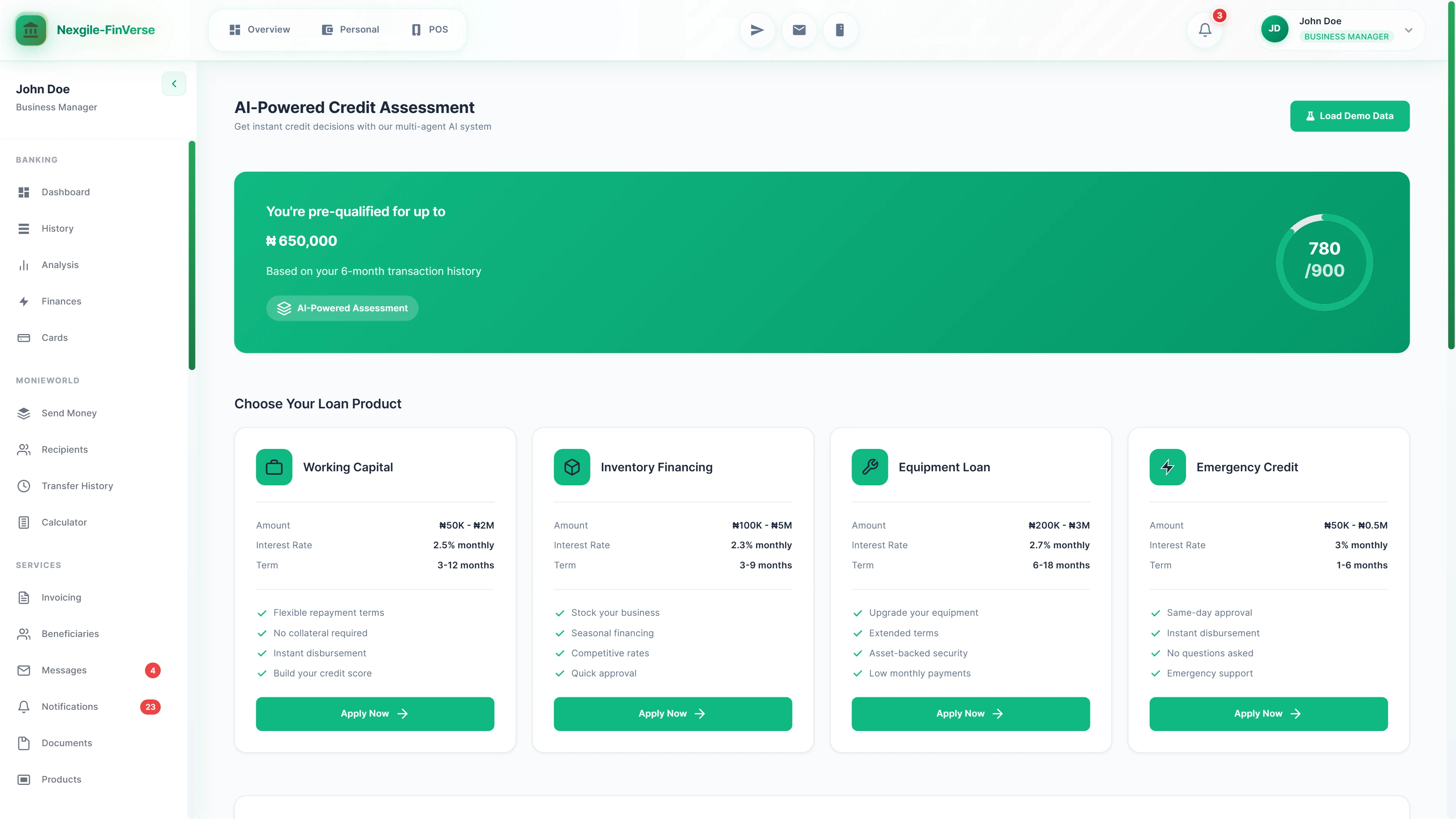 AI Credit Assessment landing page displaying pre-qualification amount (₦650,000), credit score gauge (780/900), and loan product catalog featuring Working Capital, Inventory Financing, Equipment Loan, and Emergency Credit options with terms and rates