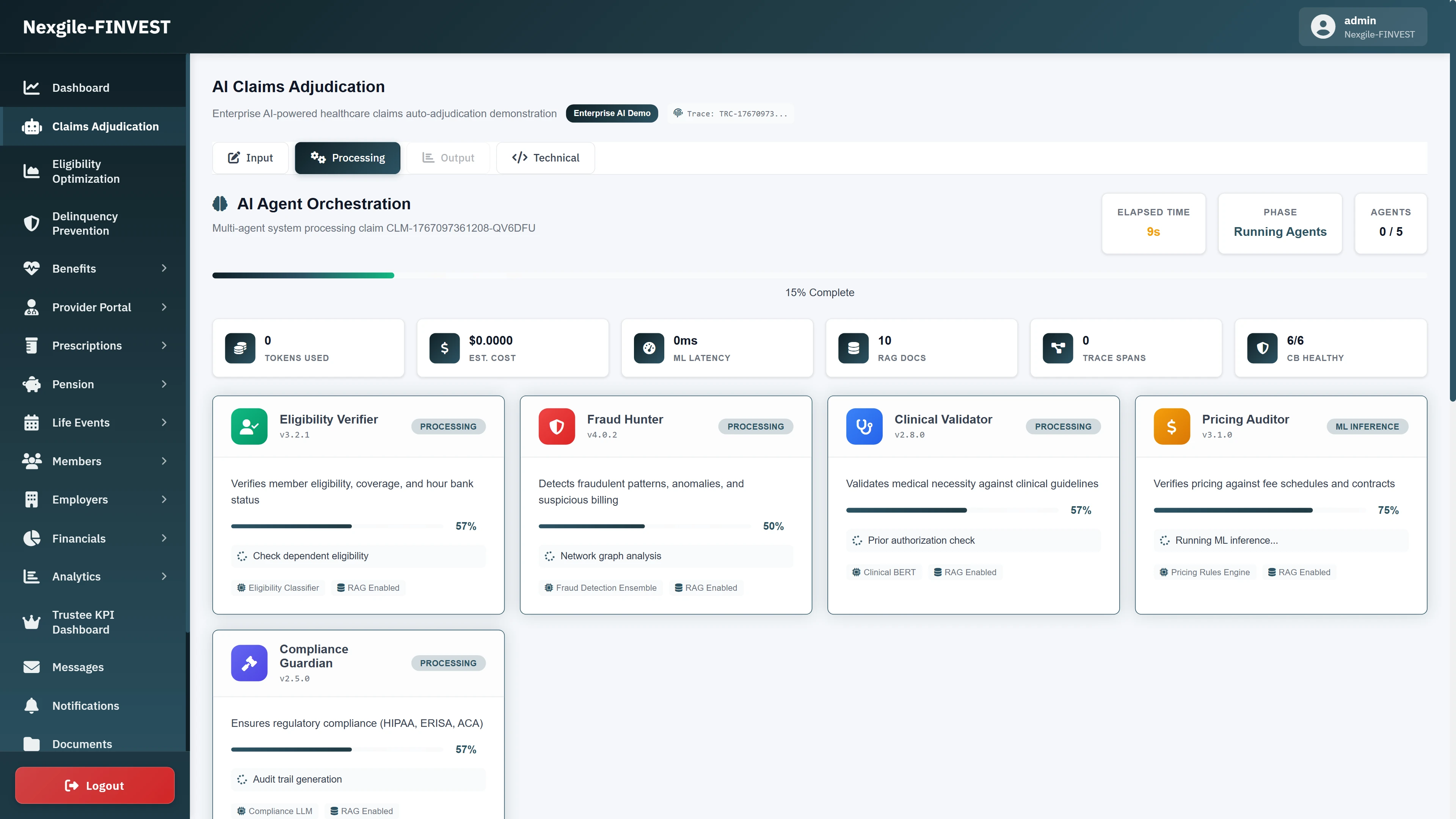 AI Agent Orchestration processing view showing five parallel agents (Eligibility Verifier, Fraud Hunter, Clinical Validator, Pricing Auditor, Compliance Guardian) actively processing a healthcare claim with real-time progress indicators, token usage metrics, and RAG-enabled ML inference status