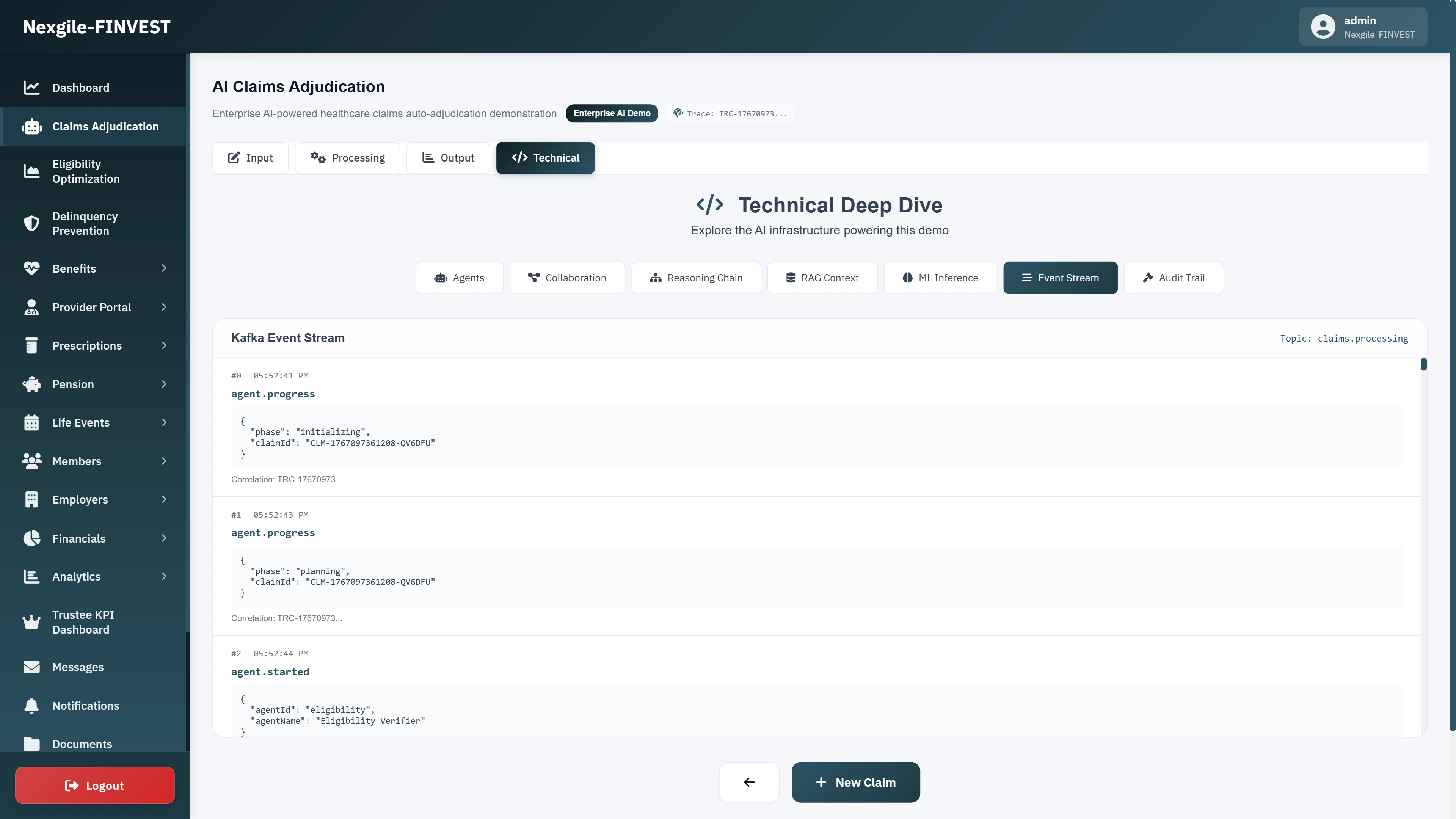 Technical Deep Dive - Kafka Event Stream showing real-time agent orchestration events with JSON payloads for claim processing phases (initializing, planning, agent.started), correlation IDs for distributed tracing, and timestamped workflow progression
