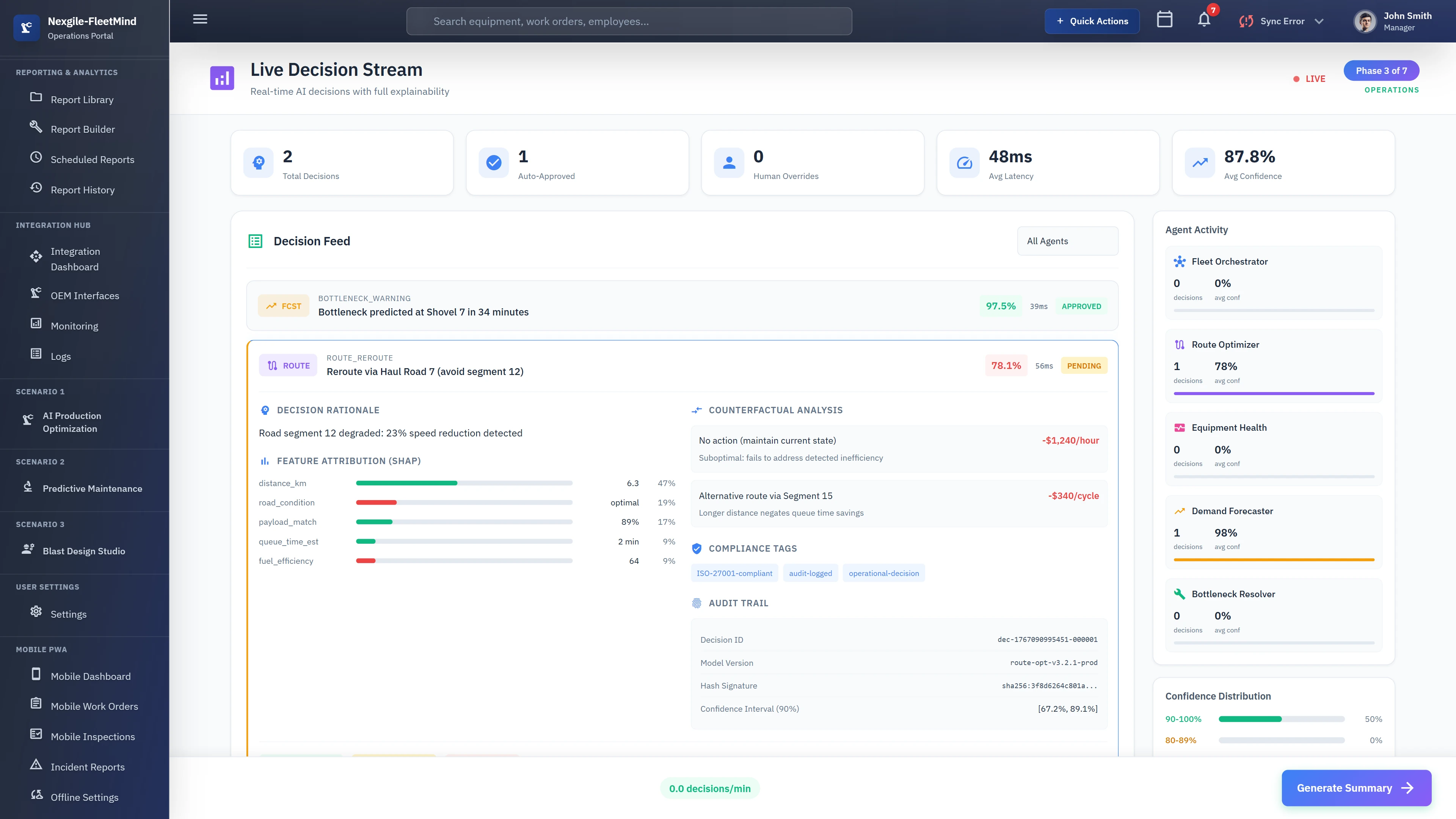 Live Decision Stream showing real-time AI decisions with full explainability including SHAP-based feature attribution, counterfactual analysis comparing alternative scenarios, compliance tags, immutable audit trail with decision IDs and hash signatures, and agent activity monitoring.