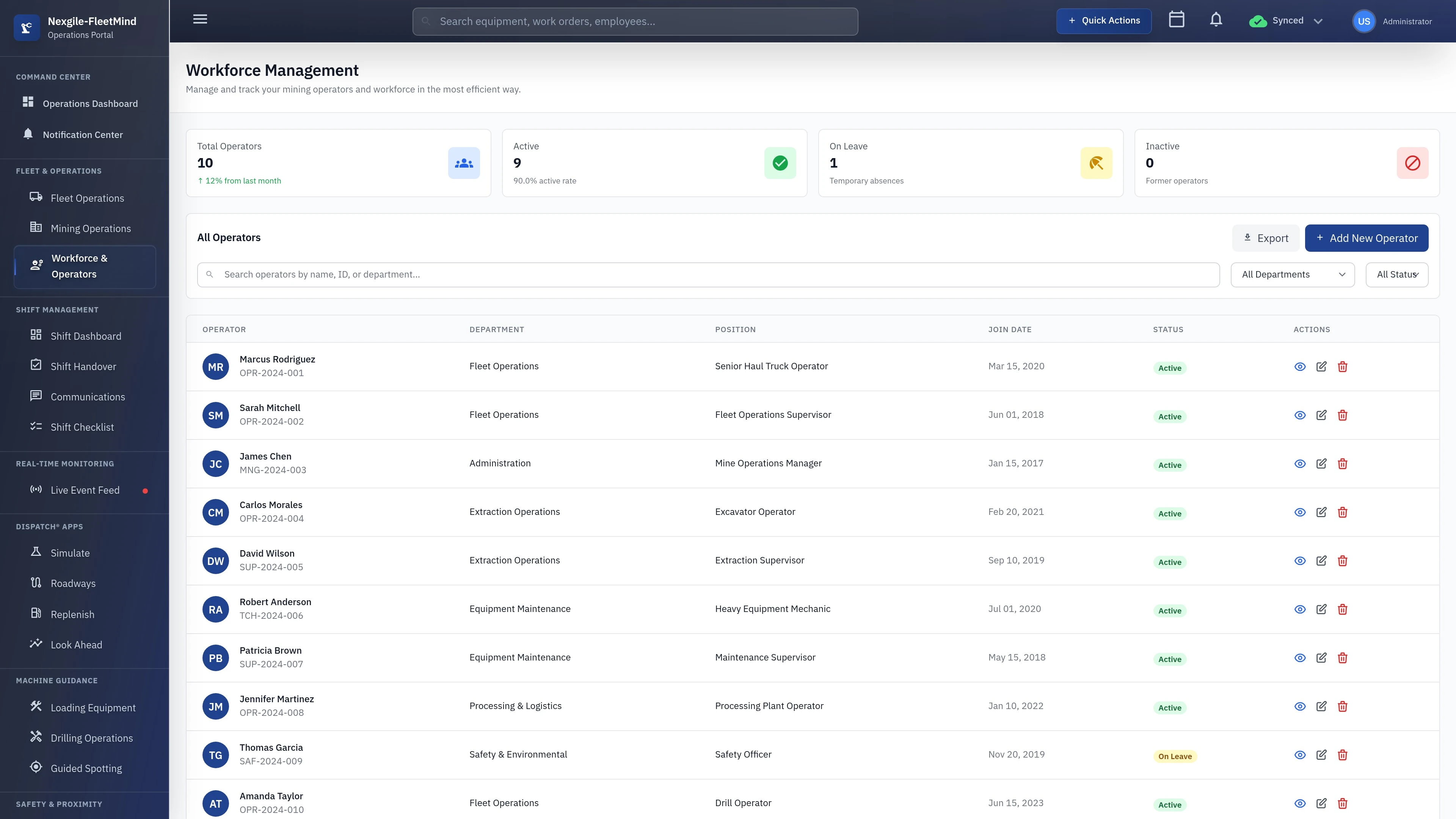 Sample Employees page showing the employee management interface