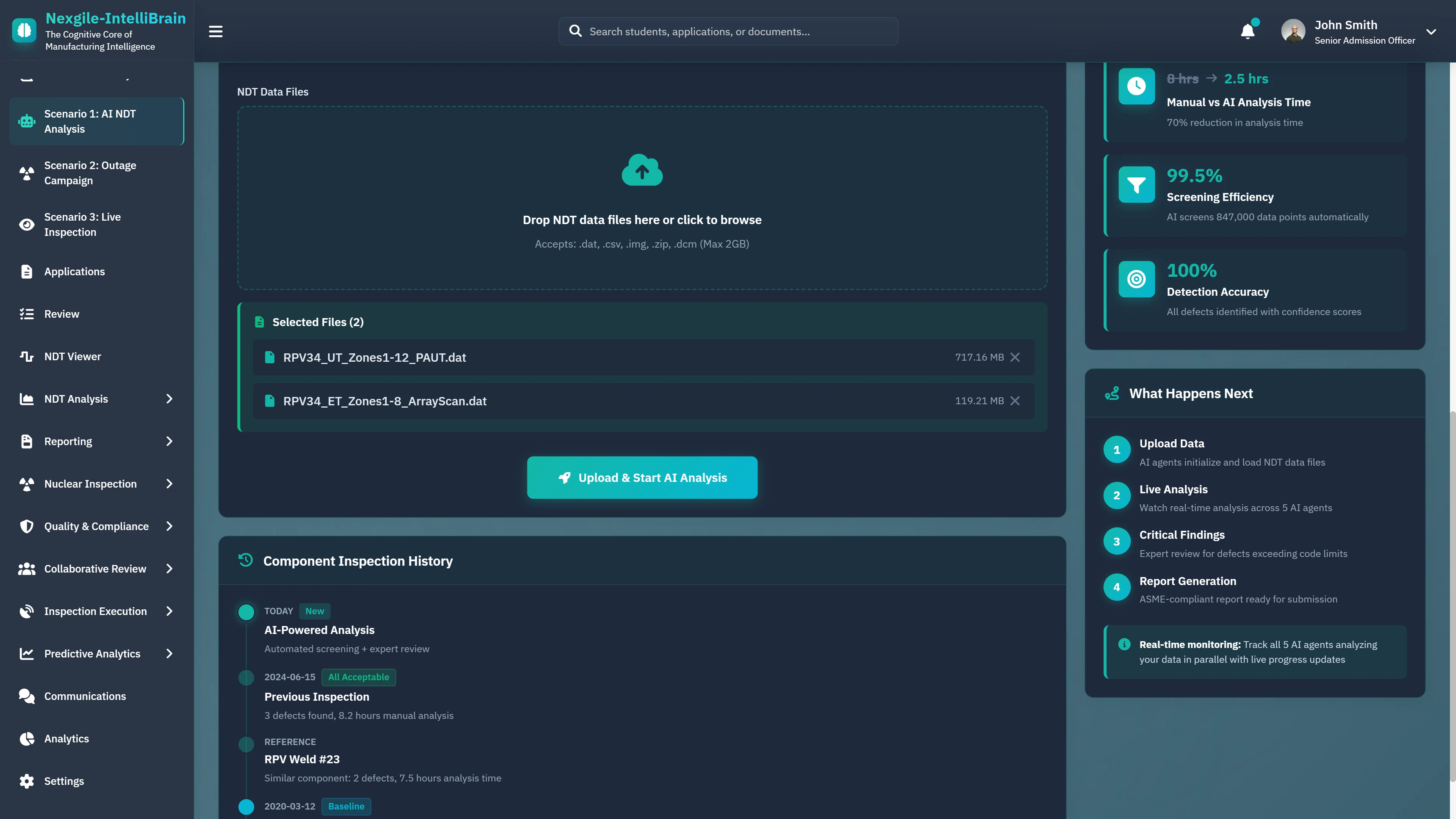 NDT Data File Upload - Drag-and-drop interface for UT and ET scan files with component inspection history and workflow guidance showing 99.5% screening efficiency