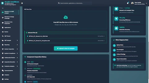 NDT Data File Upload - Drag-and-drop interface for UT and ET scan files with component inspection history and workflow guidance showing 99.5% screening efficiency