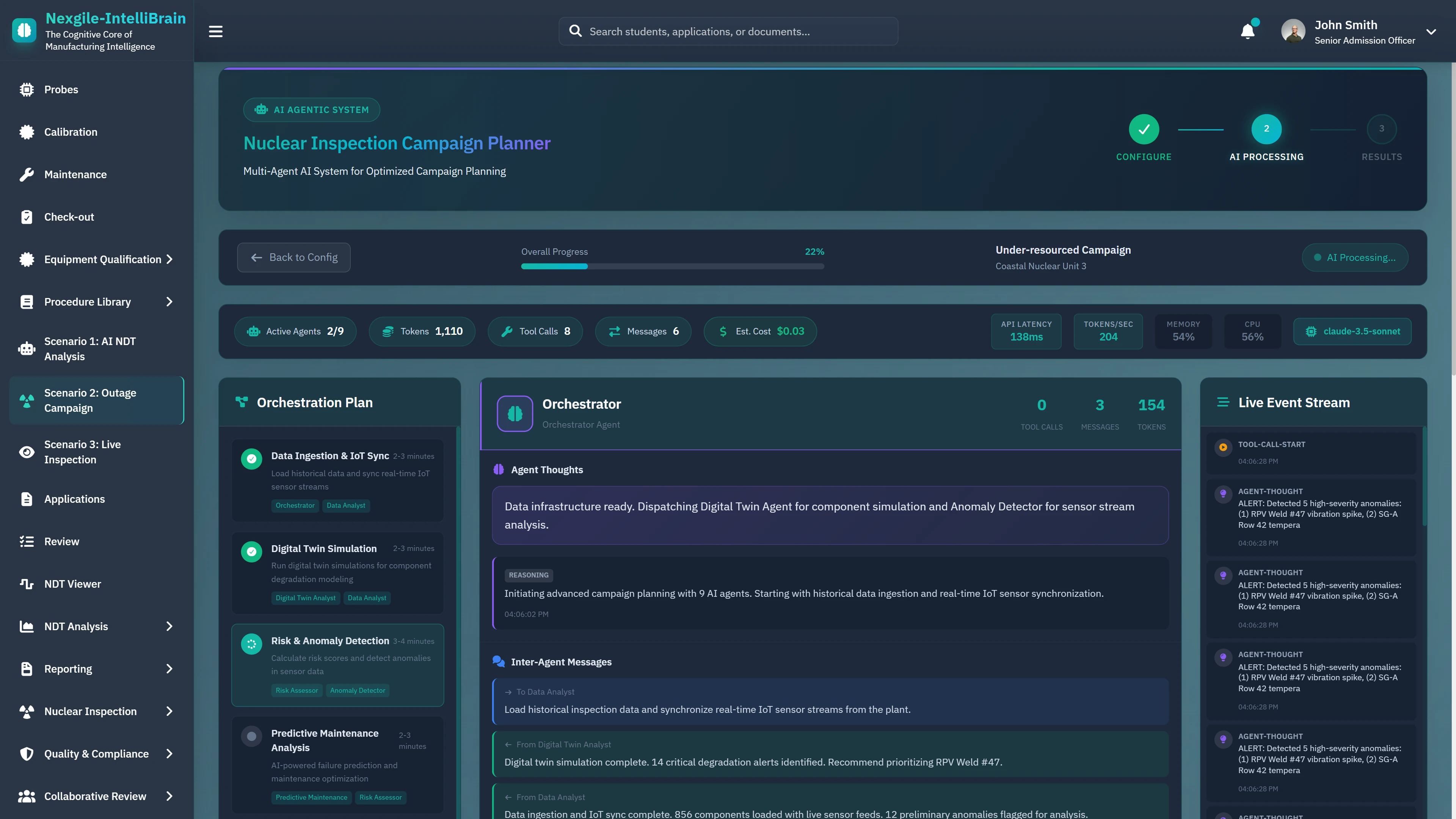 AI Orchestration in Progress - Multi-agent execution showing Data Ingestion, Digital Twin Simulation, Risk & Anomaly Detection phases with live event stream and agent messaging