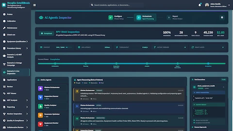 Live RPV Weld Inspection - Real-time mission execution at 100% progress showing active agents with ReAct reasoning pattern, tool executions, and equipment health monitoring