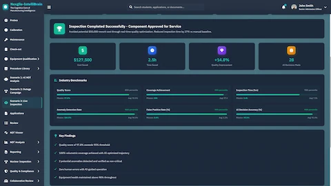 Inspection Success Metrics - $127,500 cost saved, 2.5h time saved, +14.5% quality improvement with industry benchmarks comparison and key findings summary