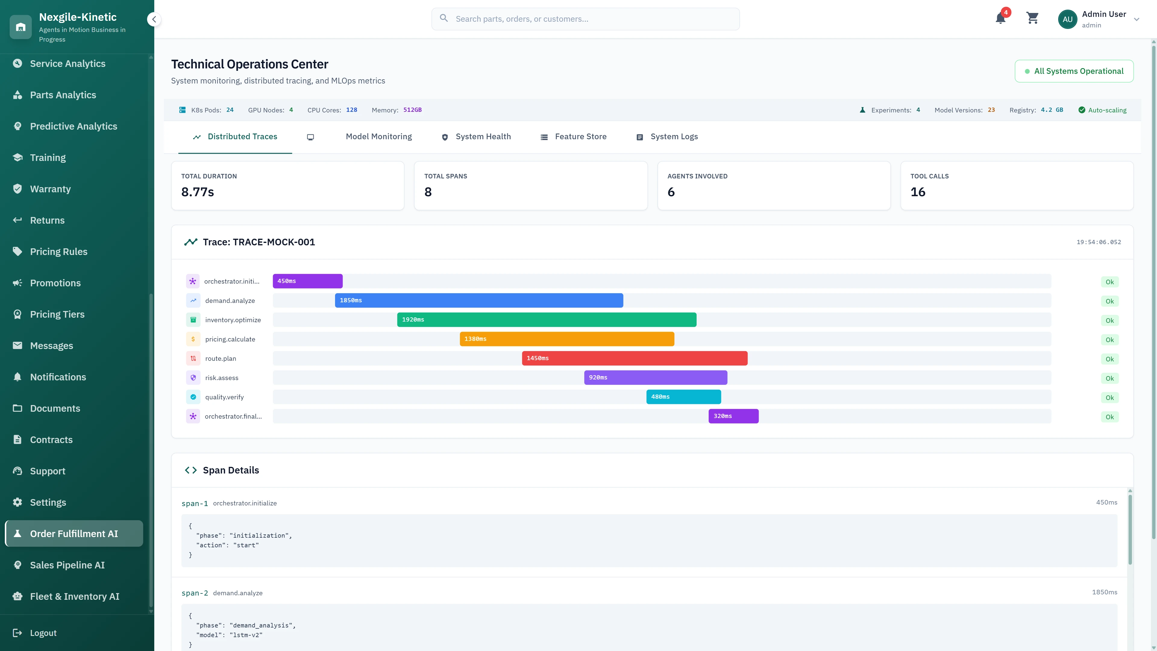 Technical Operations Center - Distributed tracing system with span details, model monitoring, and feature store for ML observability