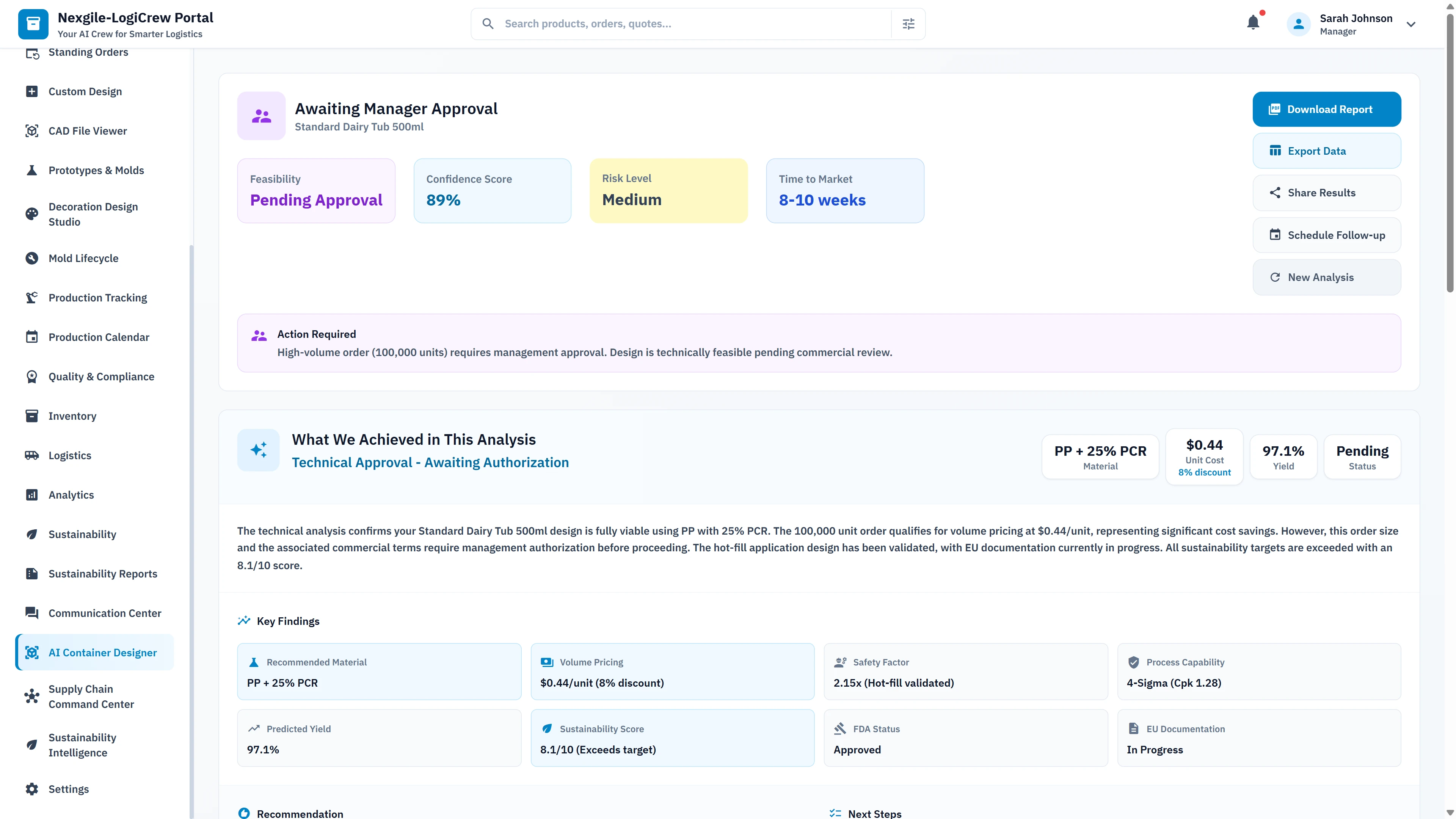 Human-in-the-Loop approval gate displaying pending manager approval, key findings summary with PCR content, pricing, and process capability metrics