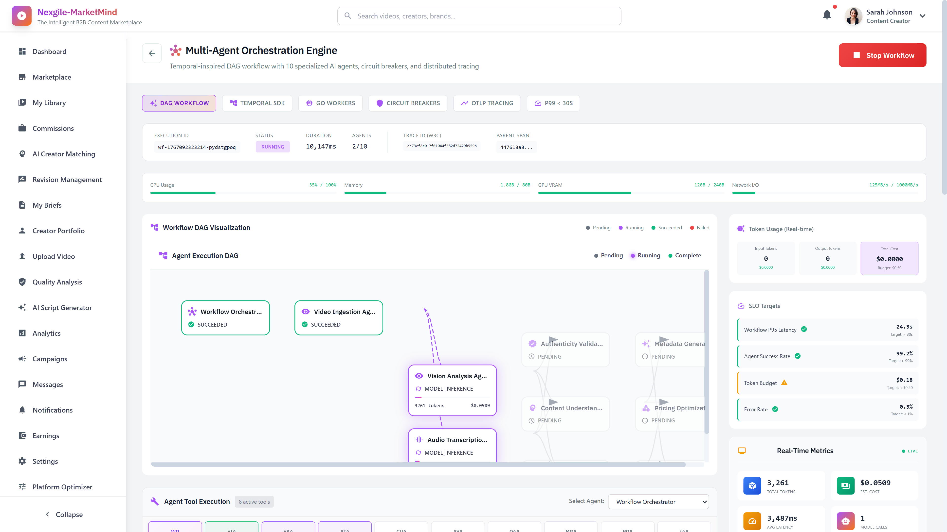 Multi-Agent Orchestration Engine - Temporal-inspired DAG workflow with 10 specialized AI agents, circuit breakers, and distributed tracing