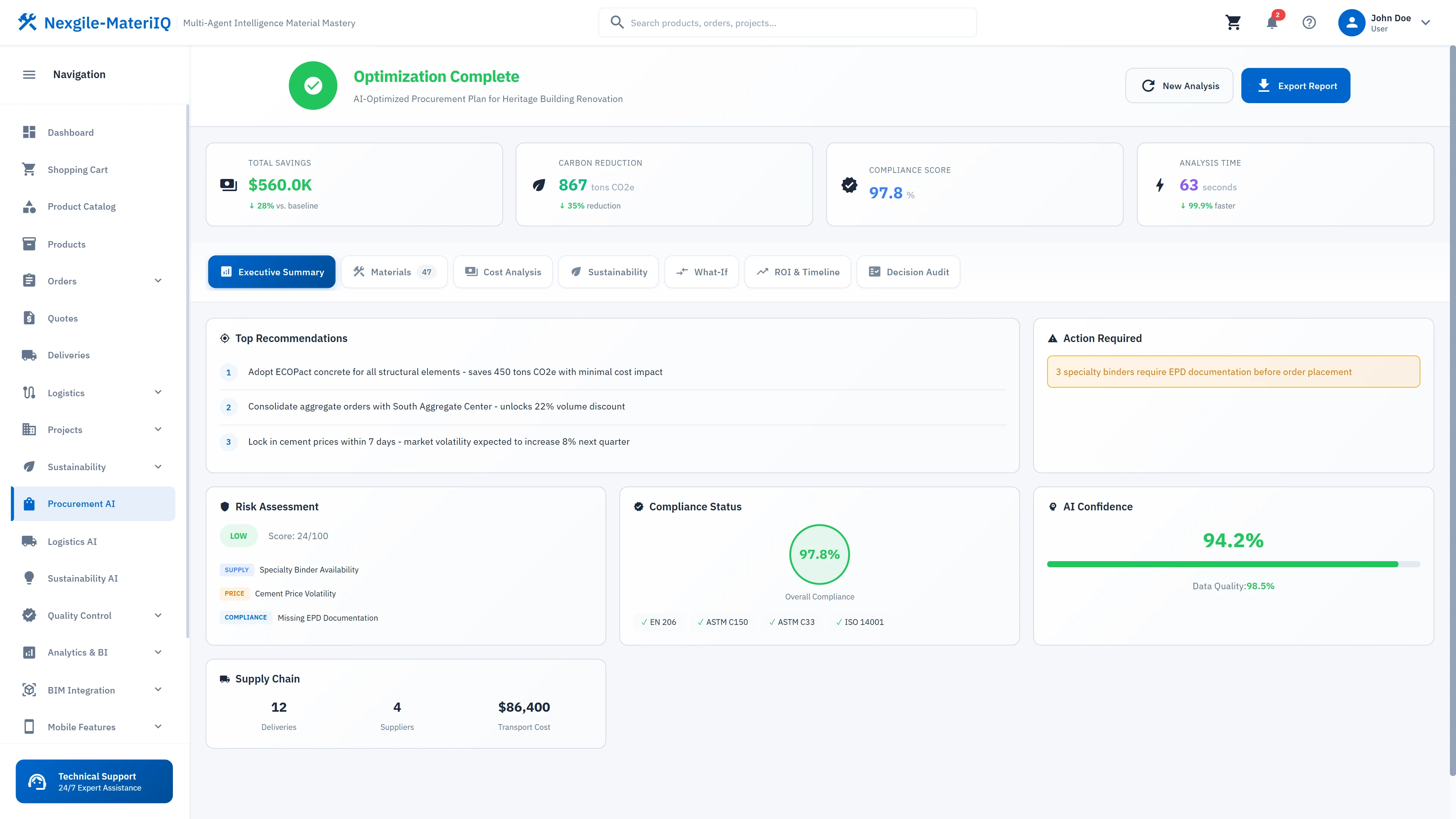 AI-generated procurement recommendations with cost savings, compliance scores, and transparent decision rationale