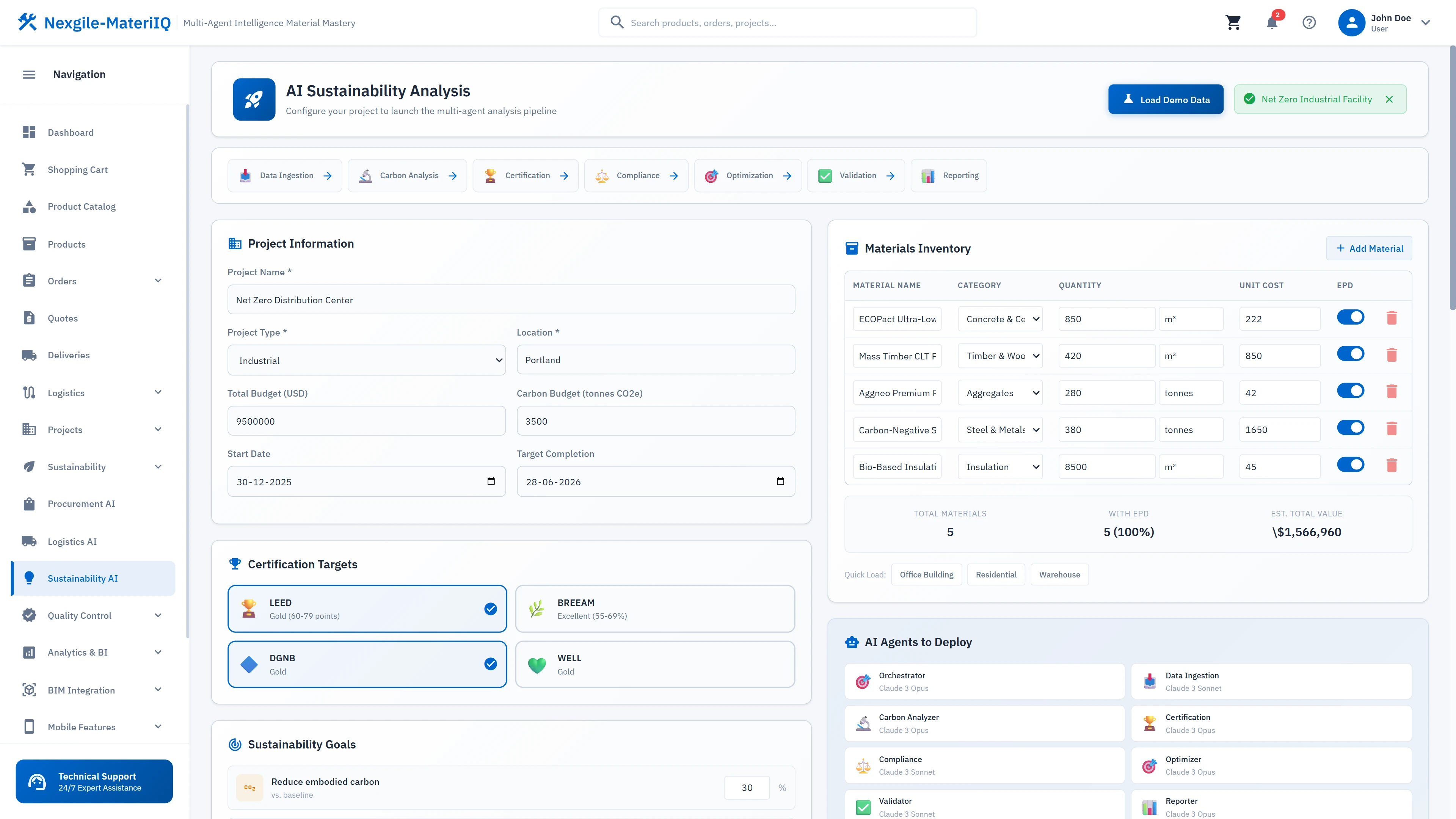 Project configuration dashboard with sustainability goals, material inventory, certification targets, and agent deployment options