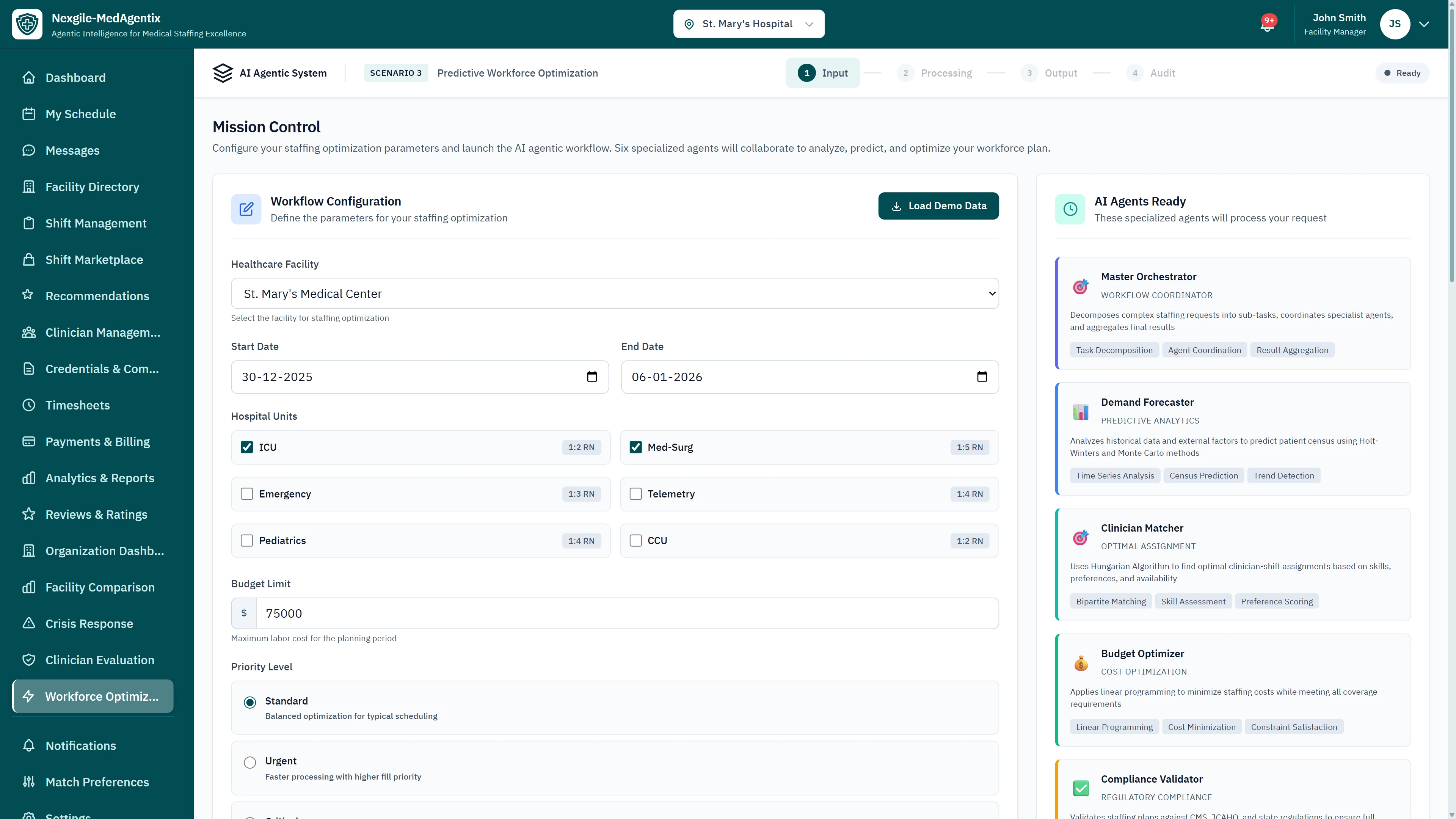 Mission Control Configuration - Workflow setup with facility selection, date range, hospital unit toggles (ICU, Med-Surg, Emergency, Telemetry, Pediatrics, CCU), budget limits, and AI agents ready panel showing Master Orchestrator, Demand Forecaster, Clinician Matcher, and Budget Optimizer