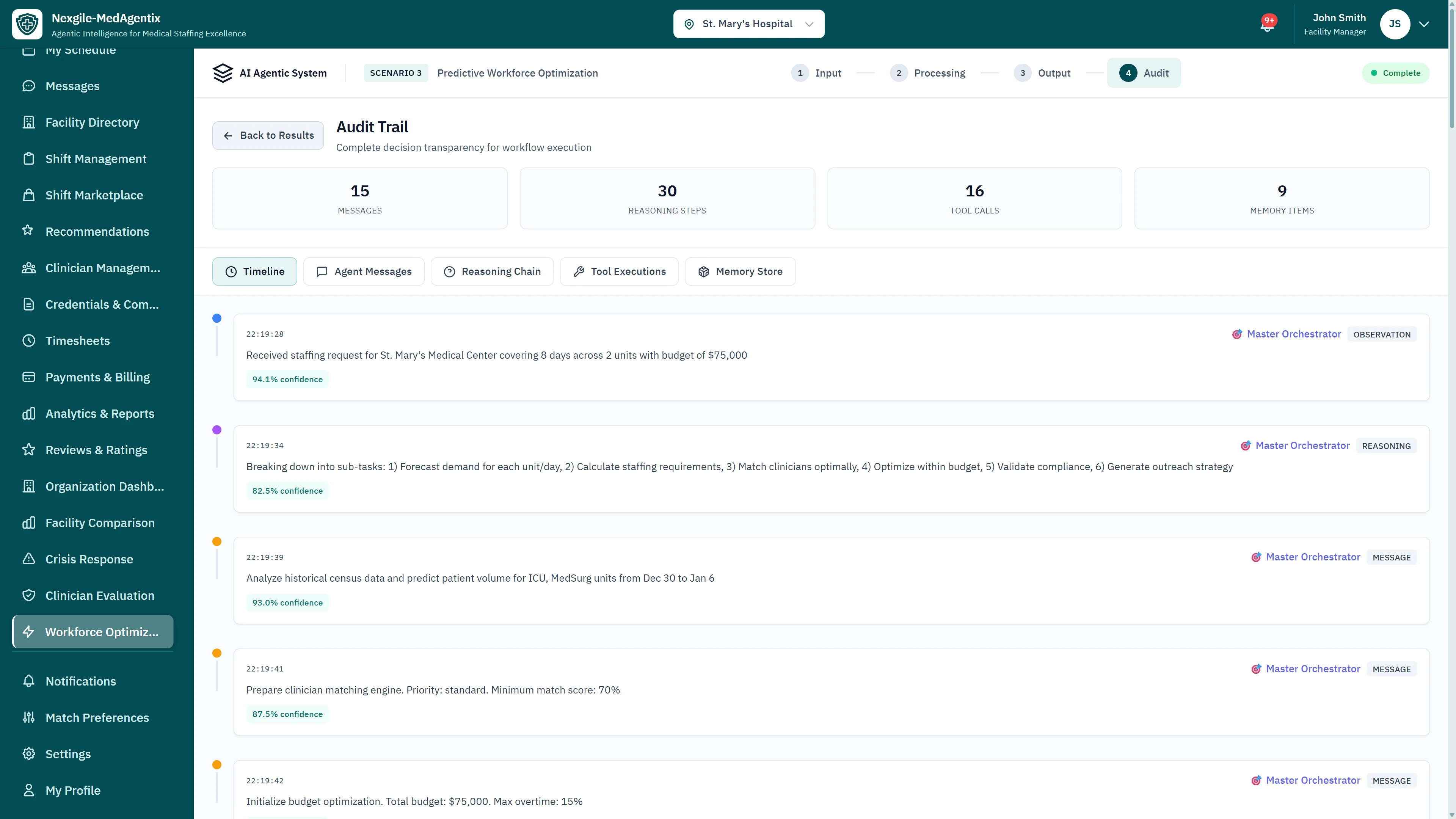 Audit Trail - Complete decision transparency with timeline view, agent messages, reasoning chain, tool executions, and memory store showing 15 AI decisions, 30 reasoning steps, 16 tool calls, and 9 memory items