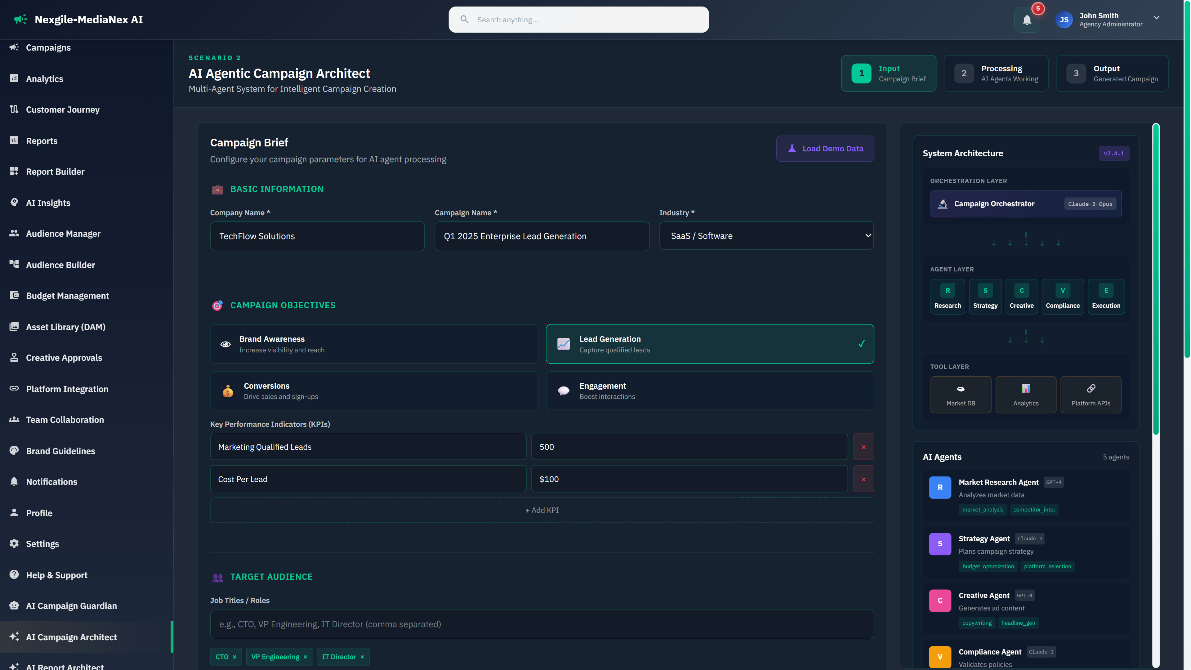 Campaign brief configuration interface showing multi-agent system architecture and input parameters