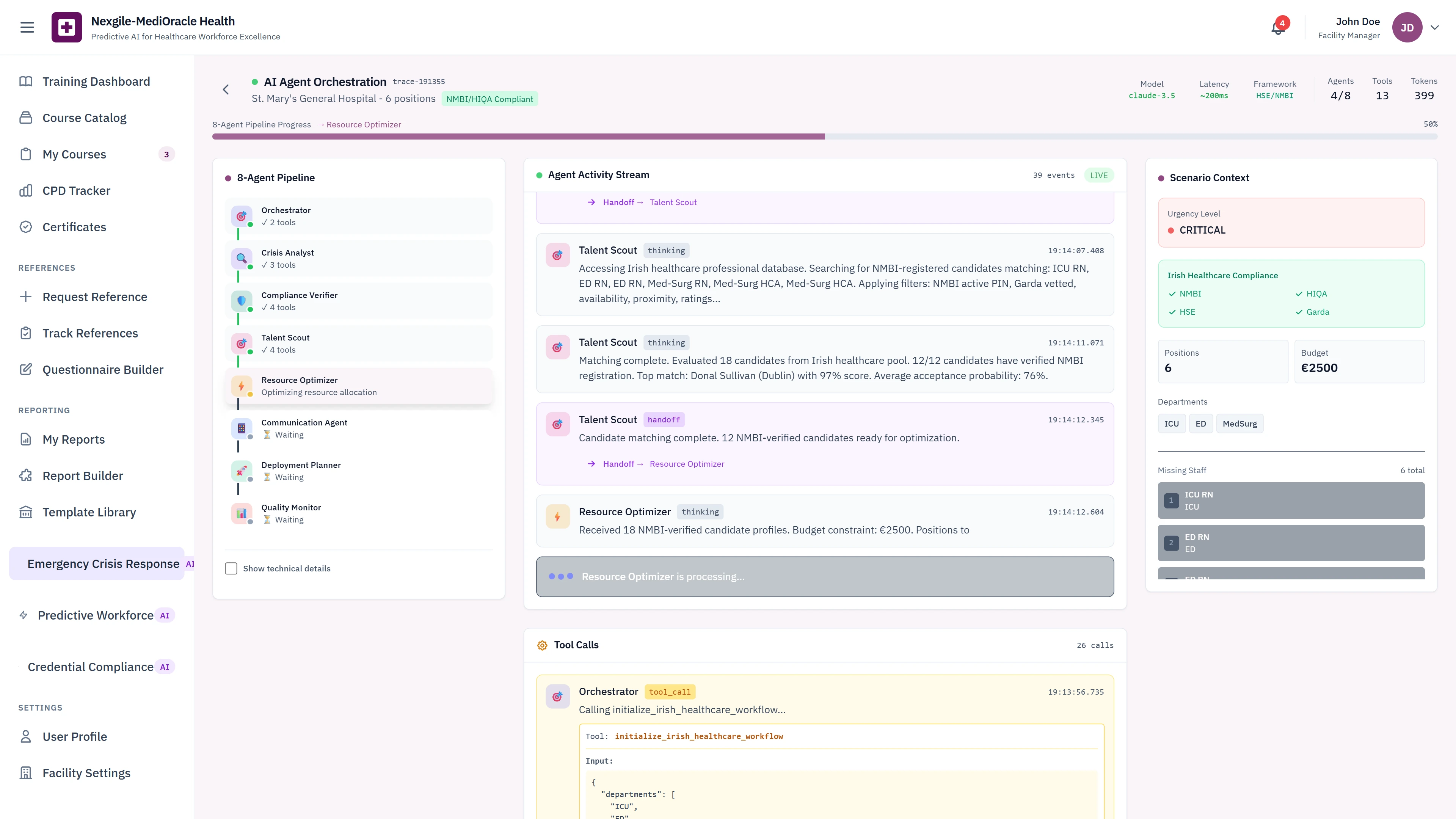 Agent Orchestration - Multi-agent activity stream with Talent Scout matching, Resource Optimizer processing, and real-time tool calls execution