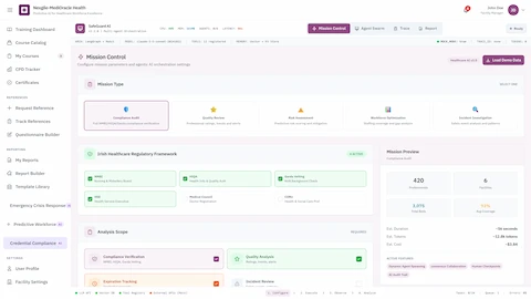 Mission Control - Mission type selection, Irish healthcare regulatory framework activation, analysis scope configuration, and mission preview with professional counts