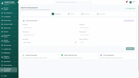 Credit application submission form with 4-step wizard capturing personal info, address, employment, and loan details with instant AI processing