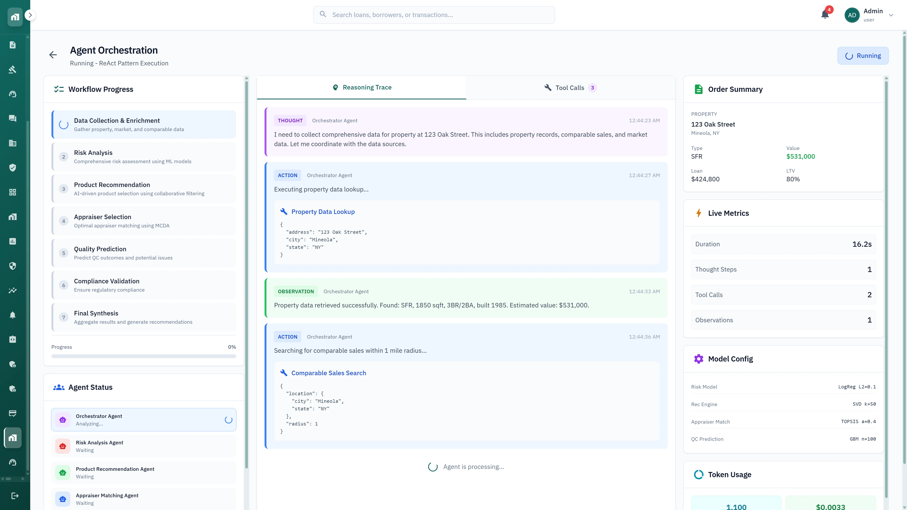 Agent orchestration view with ReAct reasoning trace showing property data lookup, comparable sales search, and live processing metrics
