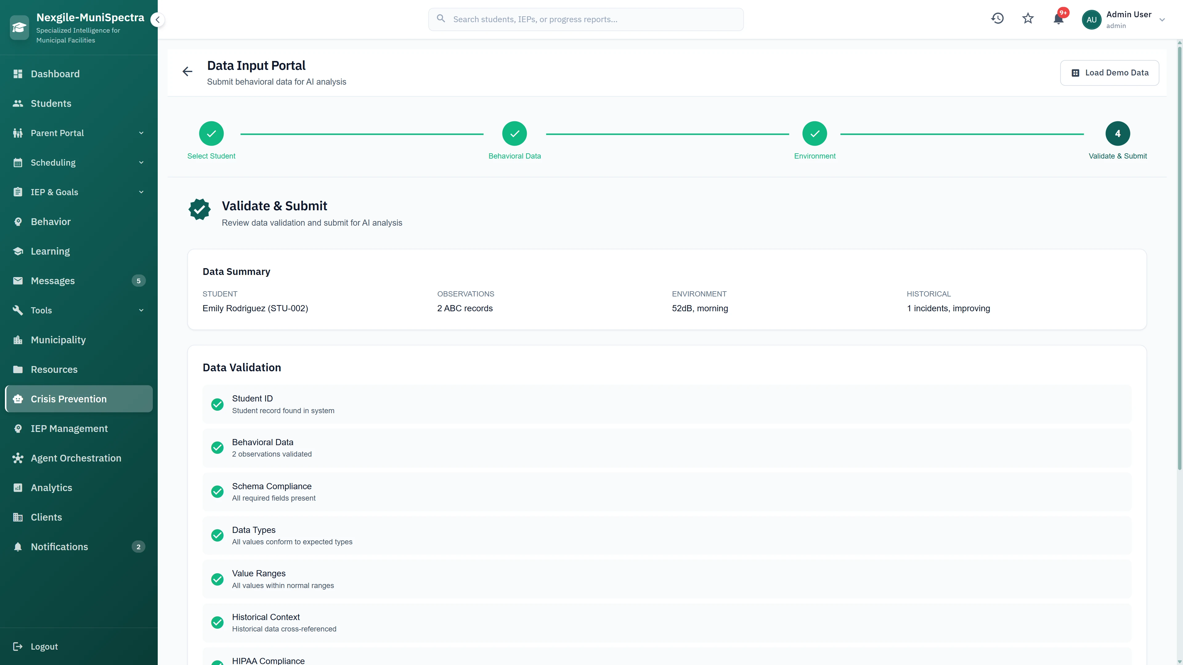 Data Input Portal - Behavioral data submission with validation steps for student selection, ABC records, environmental data, and HIPAA compliance checks
