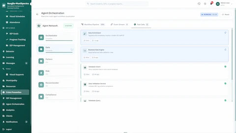 Agent Orchestration - Real-time multi-agent workflow visualization with active agent network, tool calls, and data enrichment pipeline