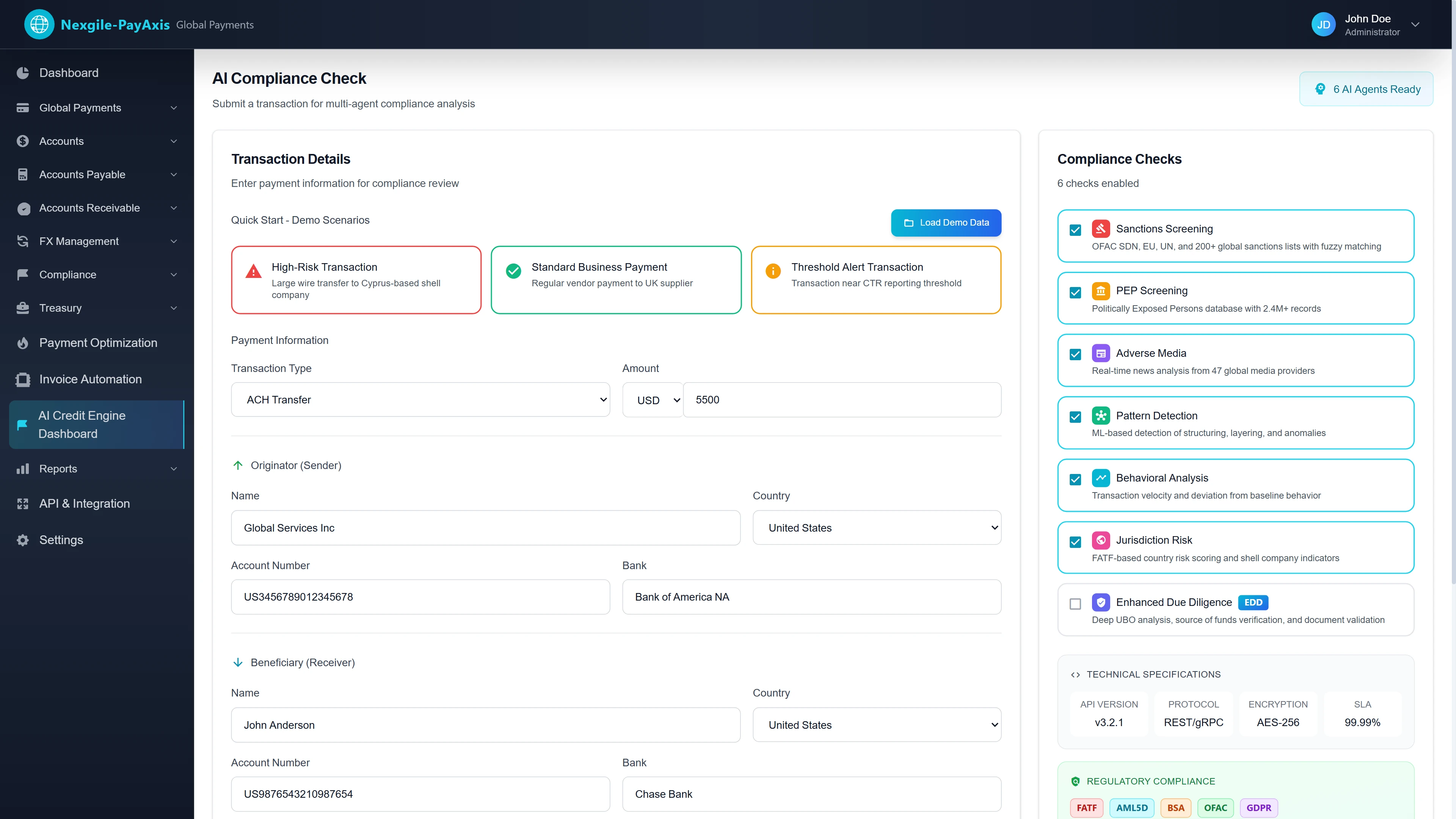 AI Compliance Check Transaction Submission - Multi-agent compliance analysis form with demo scenarios (High-Risk, Standard Business, Threshold Alert), 6 configurable compliance checks including sanctions screening, PEP screening, adverse media, pattern detection, behavioral analysis, and jurisdiction risk
