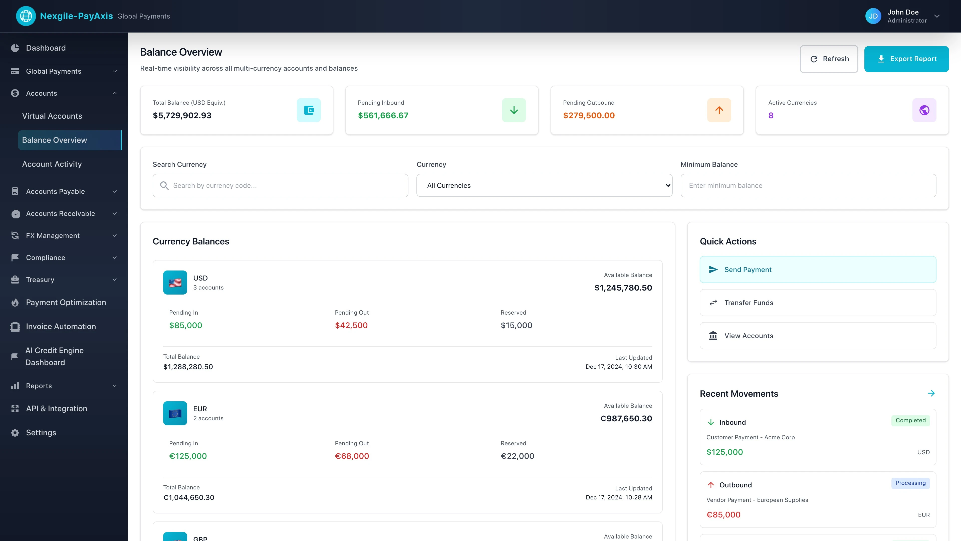 Account Balances - Multi-currency account overview with real-time balance monitoring