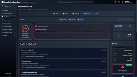 Complete Red Flag Analysis - Analyst view displaying all identified risk indicators including New Vendor (High Risk), Amount Anomaly (10.4x baseline), Pattern Match to Known Fraud (92% similarity), with transaction details and recommended protective action