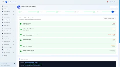 Actions & Resolution - Automated remediation workflow for fraud prevention including claim denials, provider notifications, and member protection from balance billing