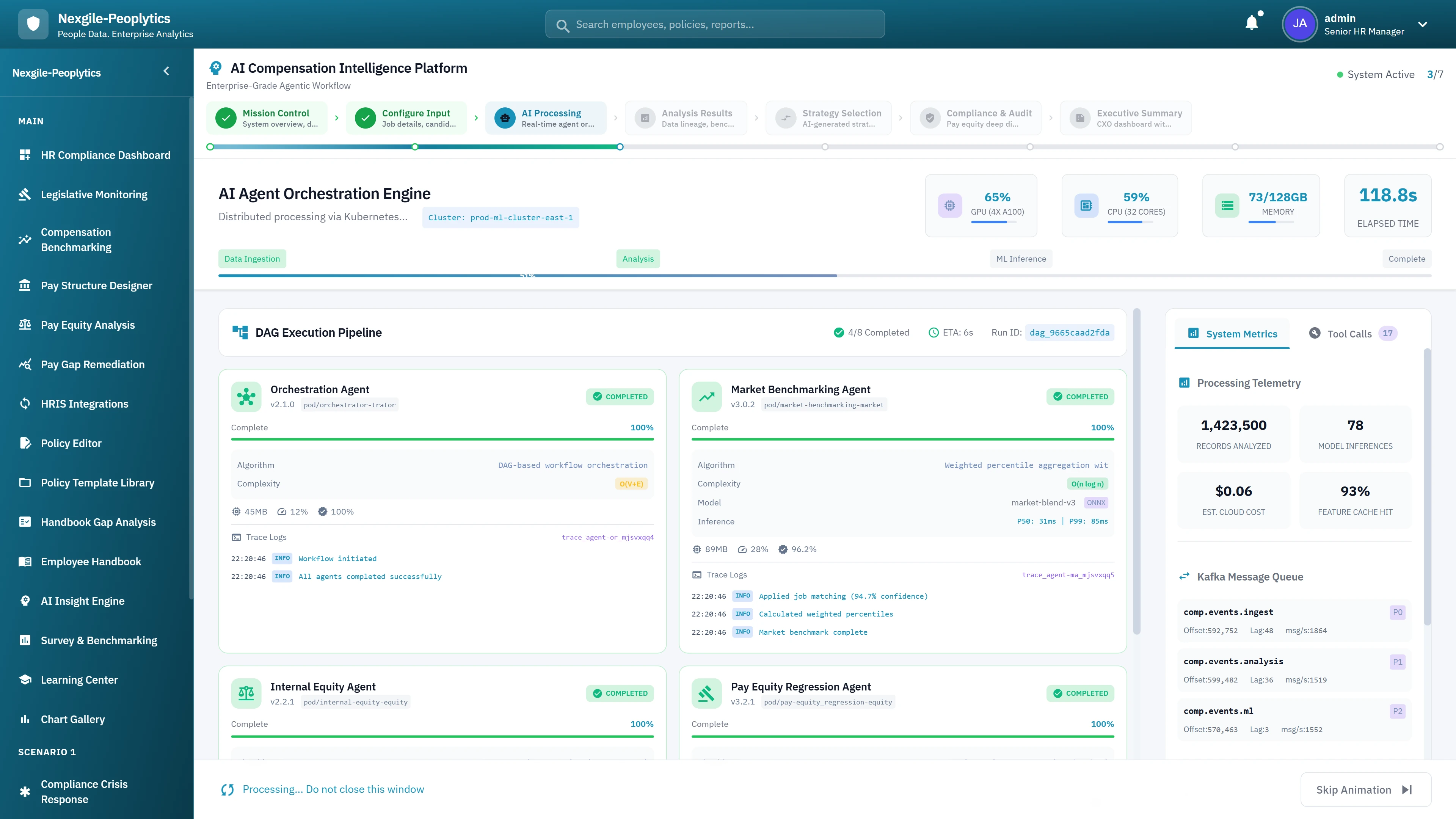 AI Agent Orchestration Engine - DAG execution pipeline with active agents, system metrics, processing telemetry, and Kafka message queue