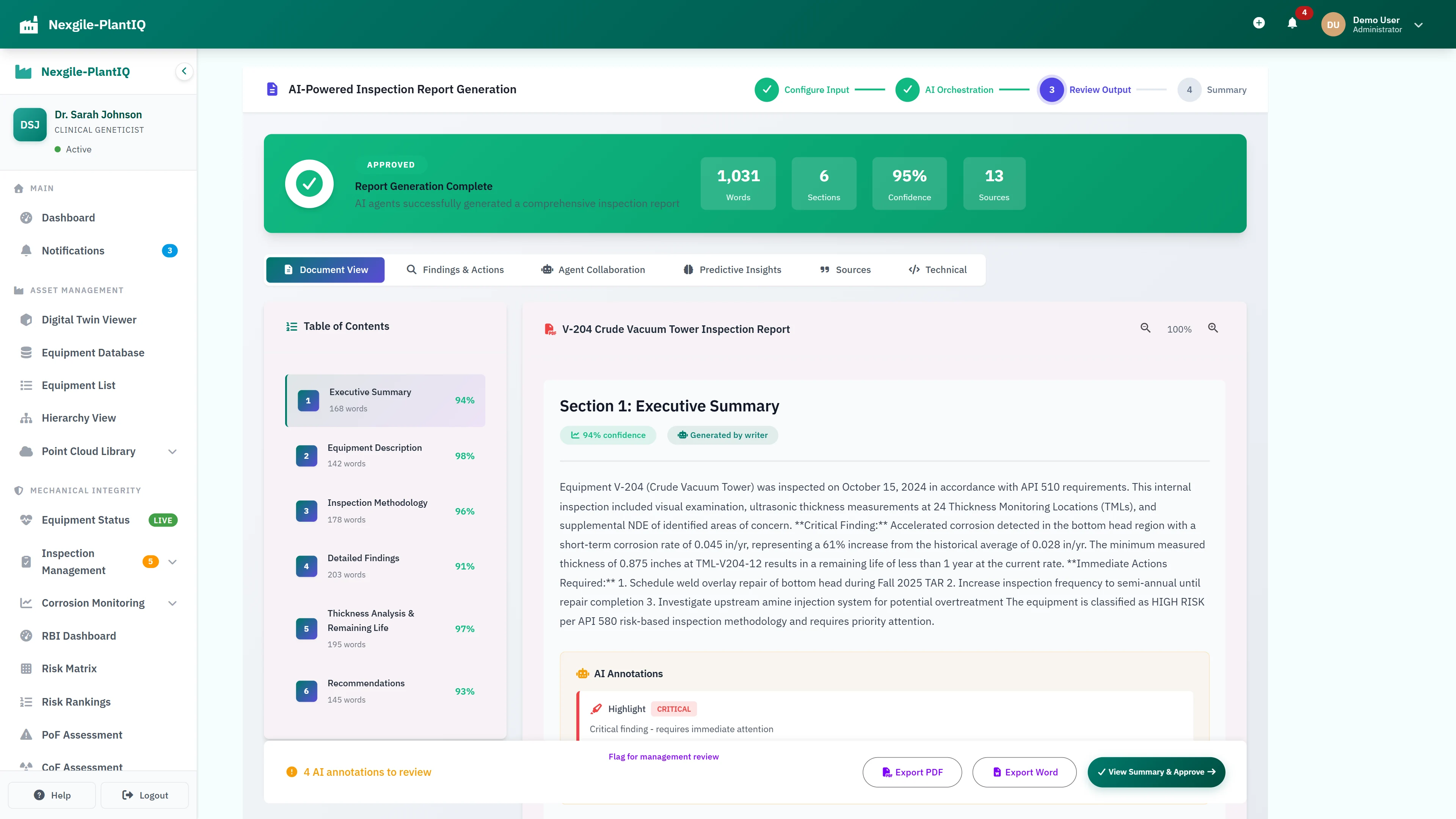 Review Output - Generated inspection report with confidence scores and annotations