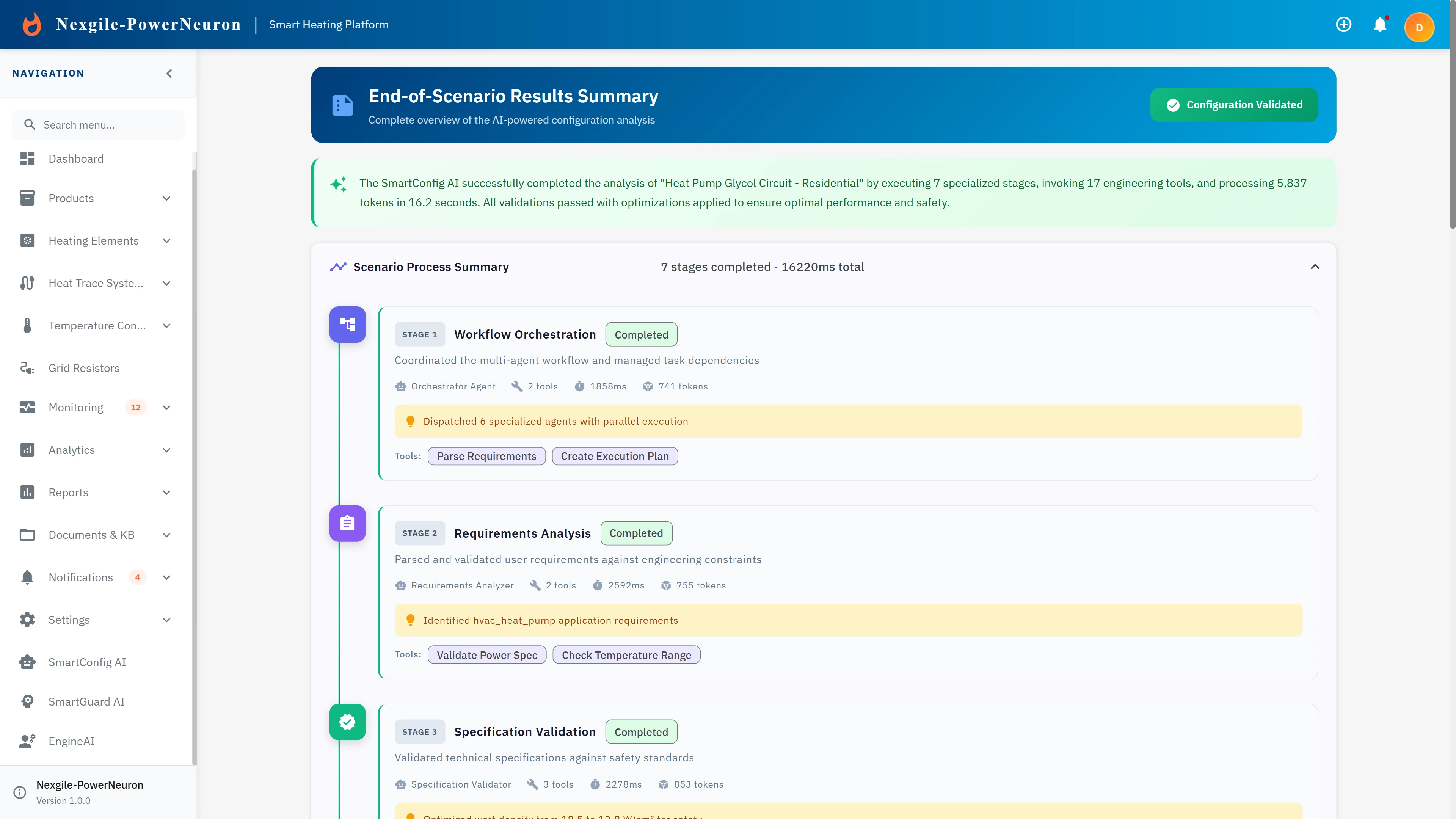 End-of-Scenario Results Summary showing completed workflow stages and metrics.
