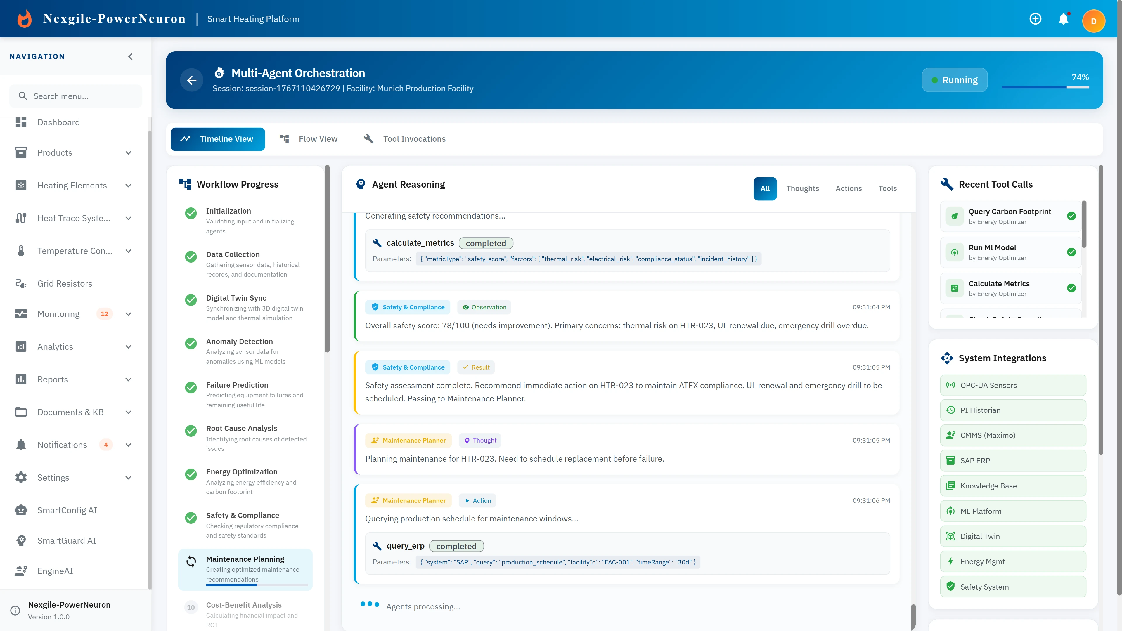 Multi-Agent Orchestration view with workflow progress and agent reasoning timeline.