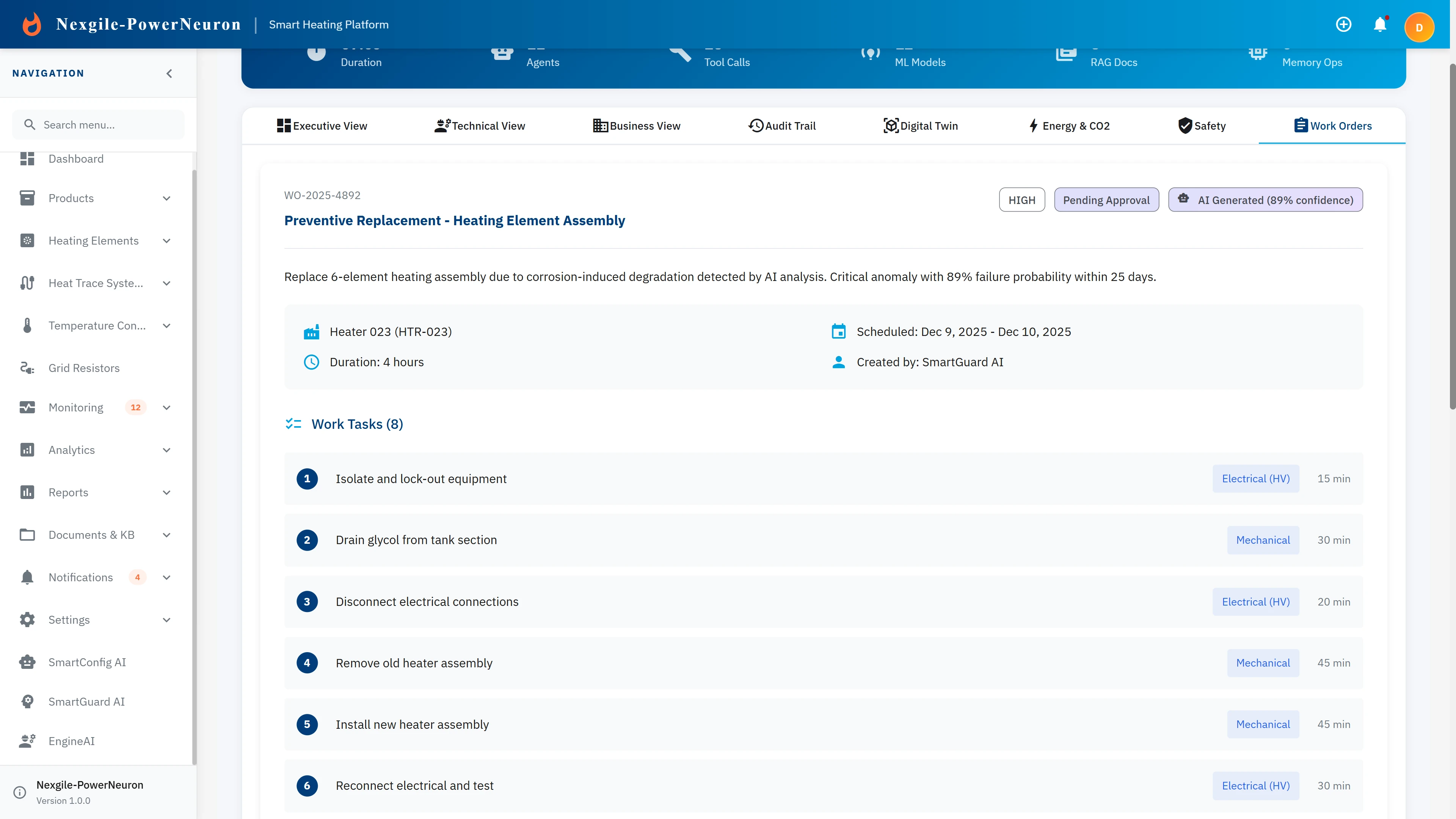 AI-generated Work Order with scheduled maintenance tasks and work instructions.