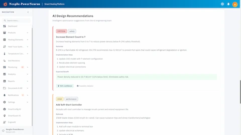 AI Design Recommendations panel with safety and performance optimization suggestions.