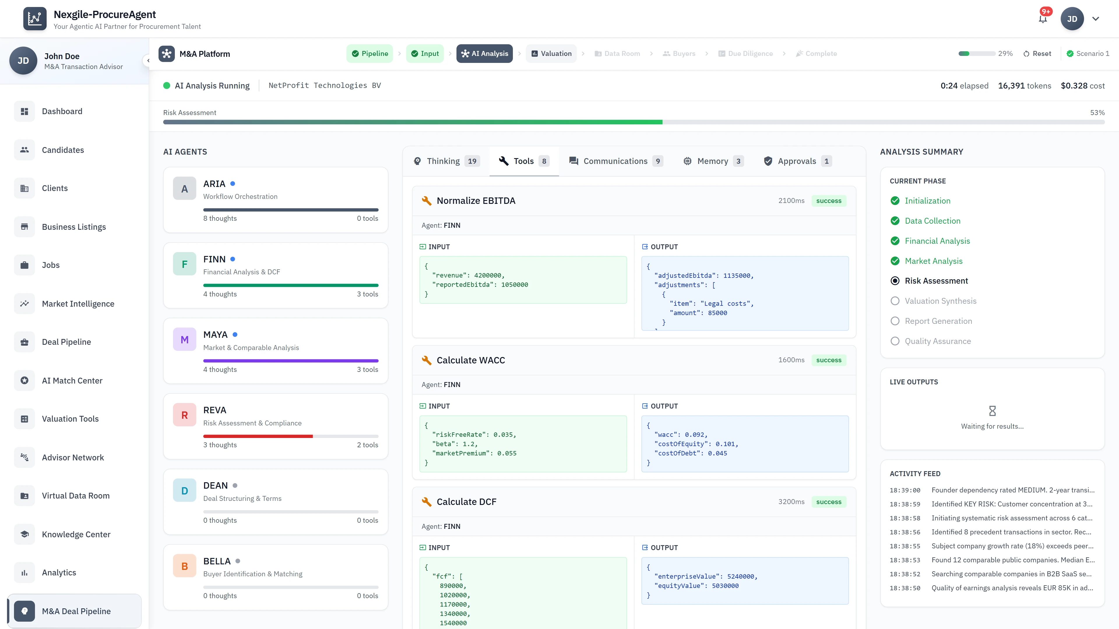 AI Analysis Dashboard - Multi-agent orchestration with real-time EBITDA, WACC, and DCF calculations