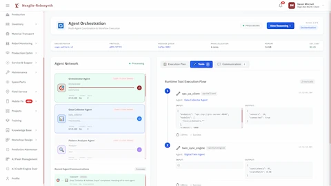 Agent orchestration workflow displaying real-time tool execution flow with OPC-UA data collection and digital twin synchronization