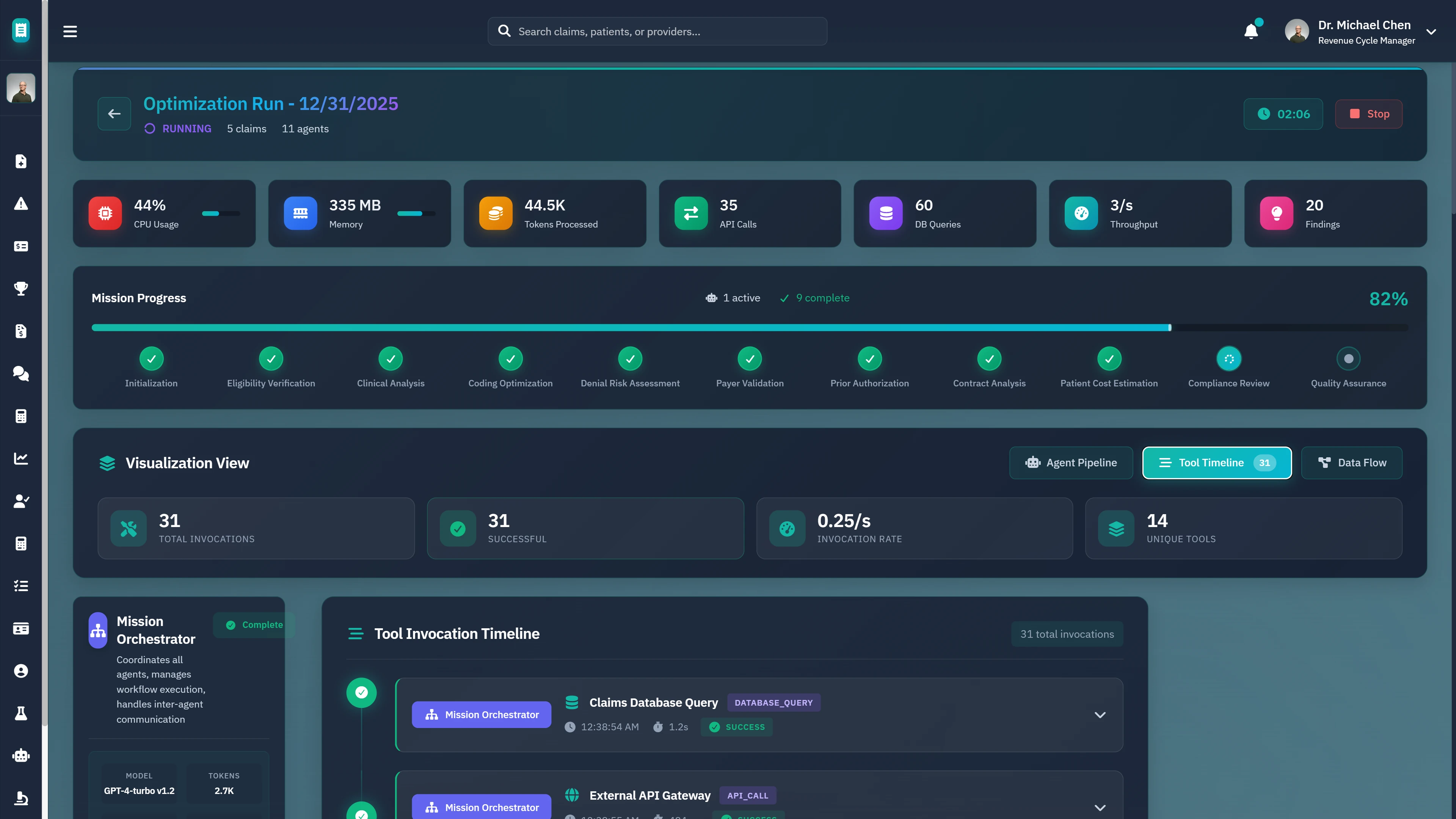 Tool Invocation Timeline - Detailed agent activity tracking showing tool calls, database queries, API invocations, and processing timestamps