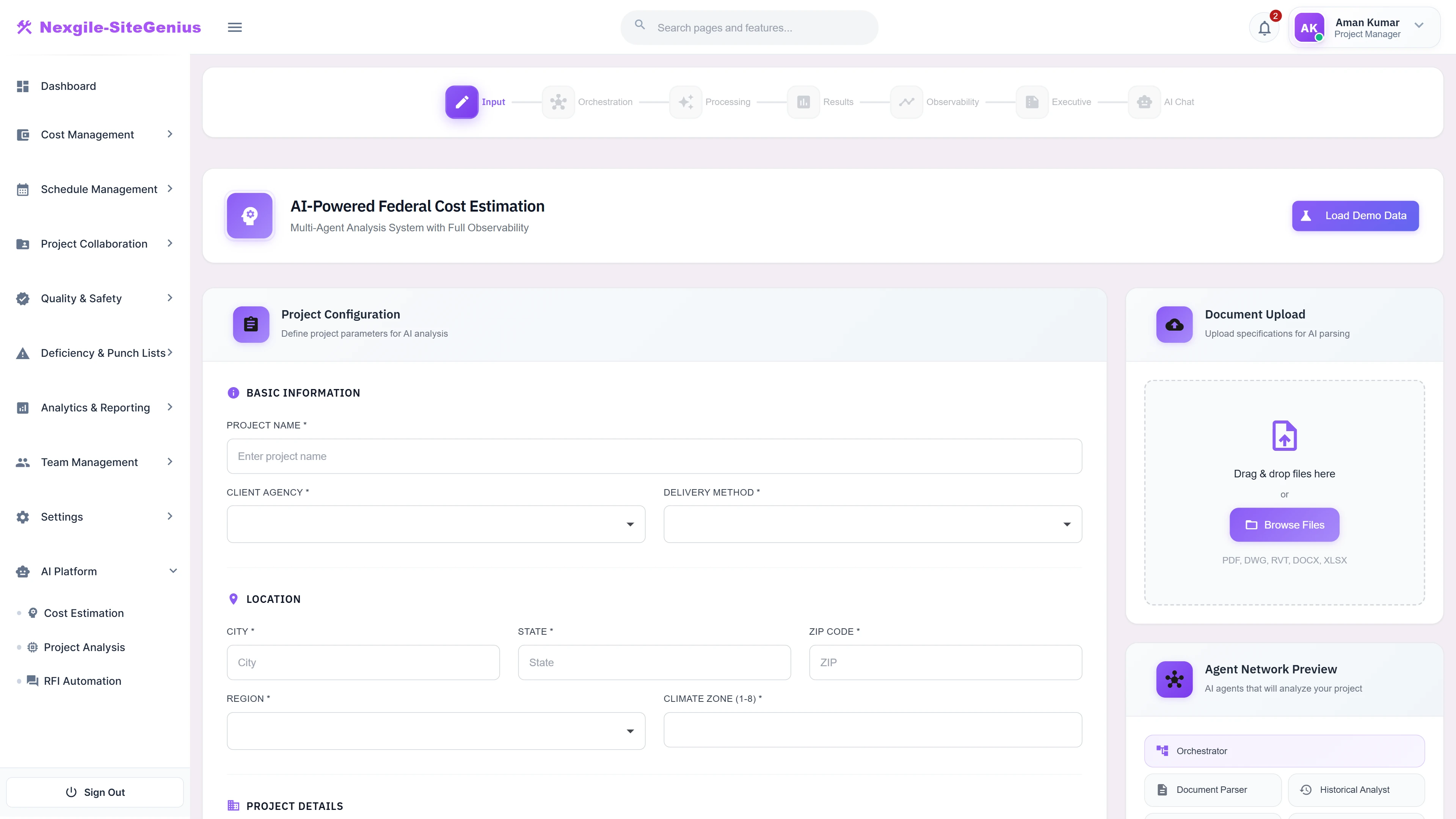 Project Configuration - Input wizard for defining project parameters, location, and uploading documents for AI-powered cost estimation.