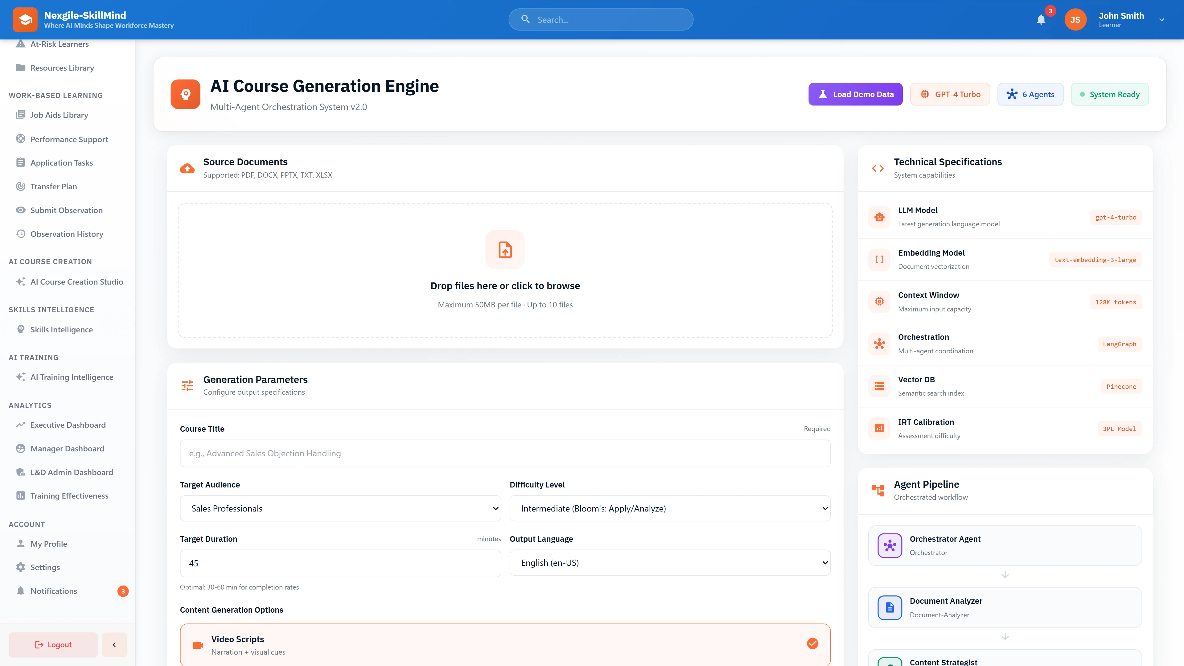 Course Generation Setup - Document upload interface with generation parameters, target audience settings, and agent pipeline configuration