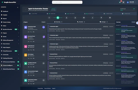 Agent Orchestration Theater showing real-time ReAct pattern execution with live reasoning and tool calls