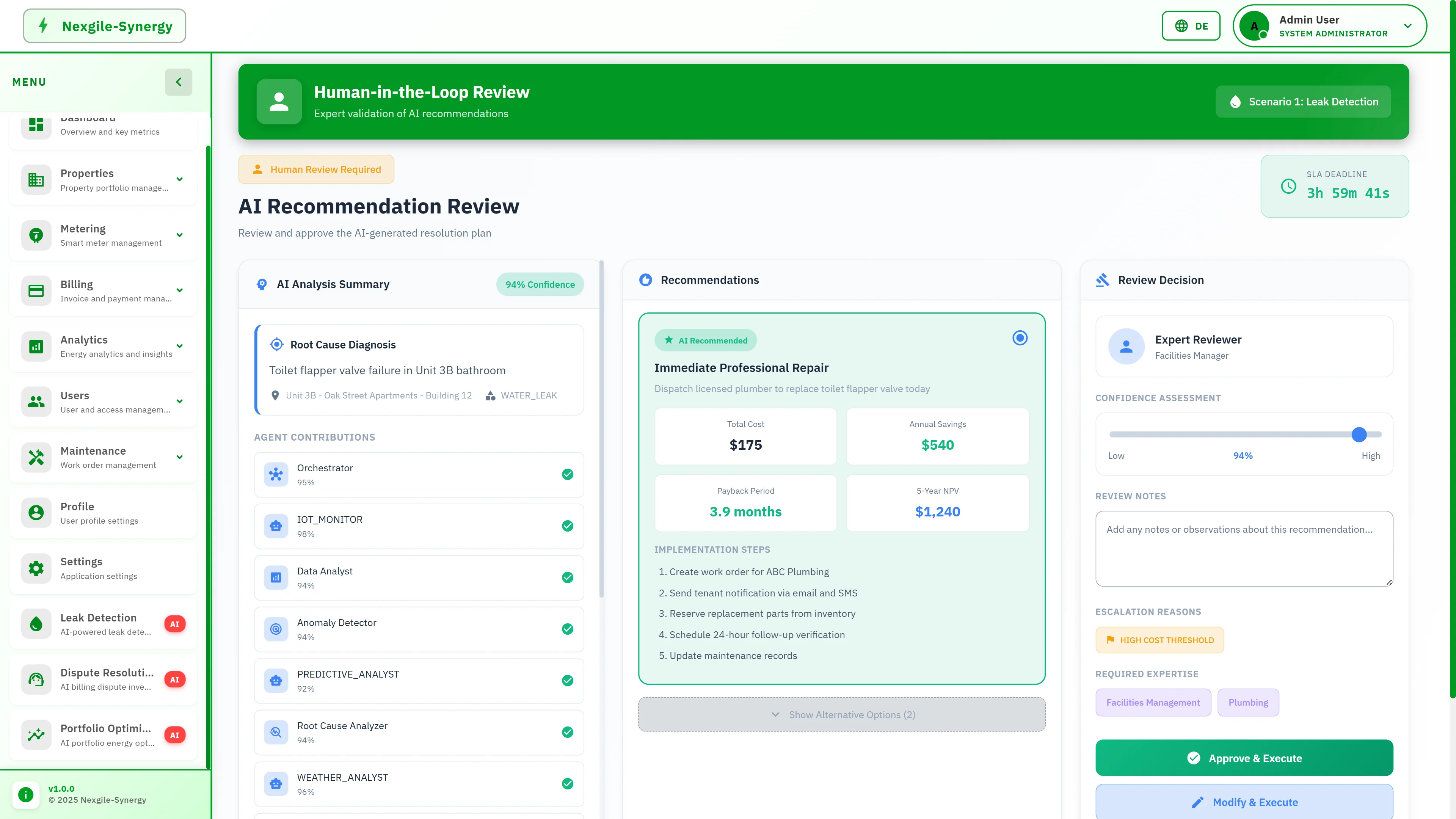 Human-in-the-Loop Review interface showing AI analysis summary with 94% confidence, root cause diagnosis, agent contributions, and recommended repair with ROI calculations.