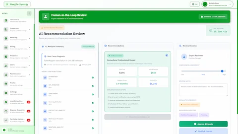Human-in-the-Loop Review interface showing AI analysis summary with 94% confidence, root cause diagnosis, agent contributions, and recommended repair with ROI calculations.